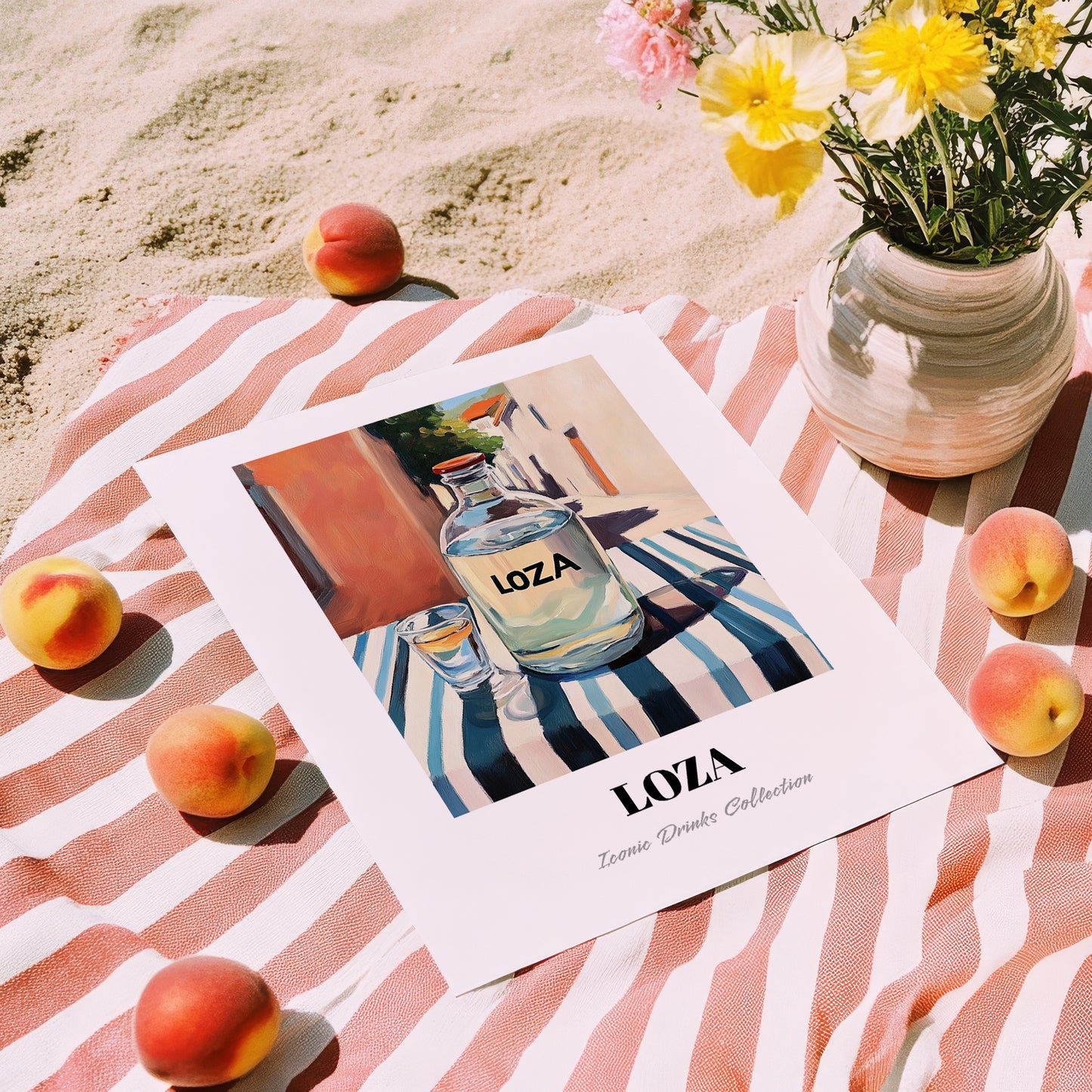 Loza – Montenegrin Café on the Corner, Montenegrin Beverage Still Life, unframed on coastal sand