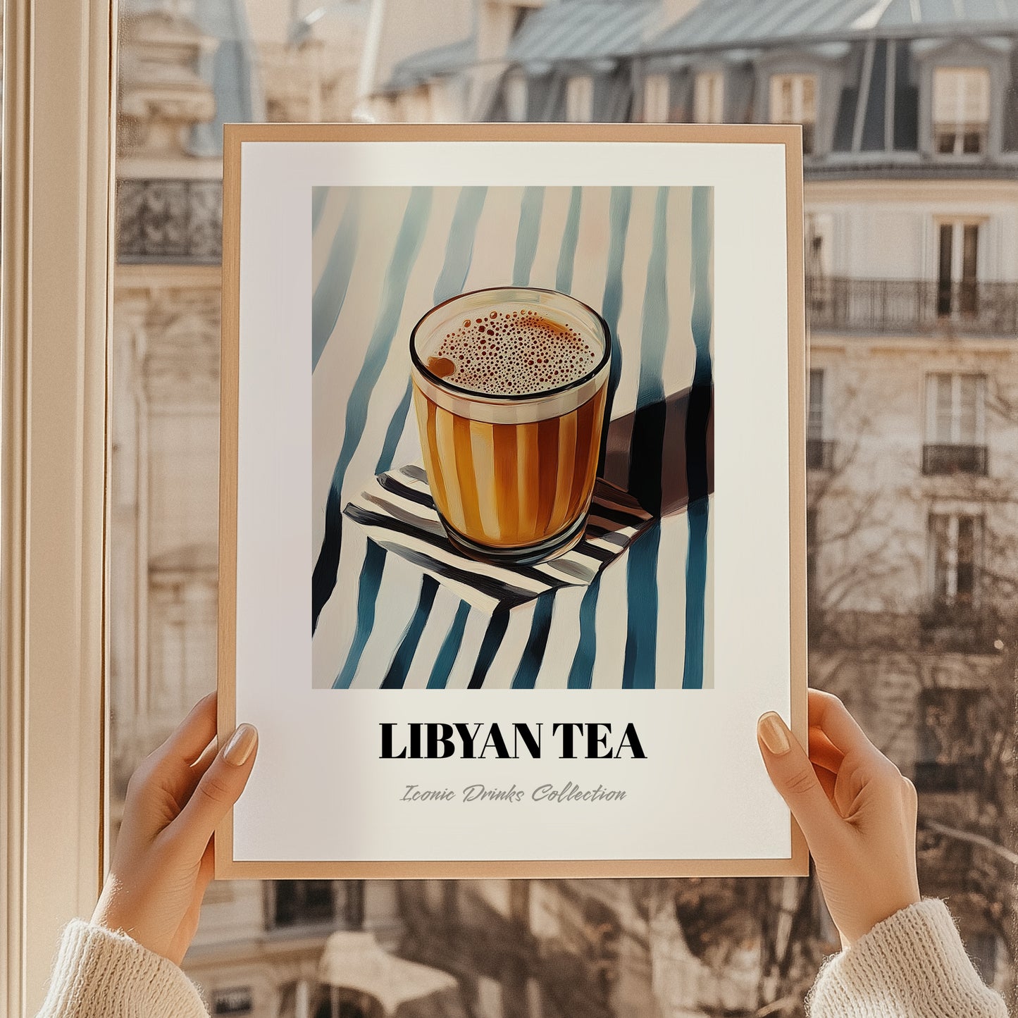 Libyan Tea – on Striped Tablecloth, Libyan Beverage Still Life, styled in a charming Paris street view