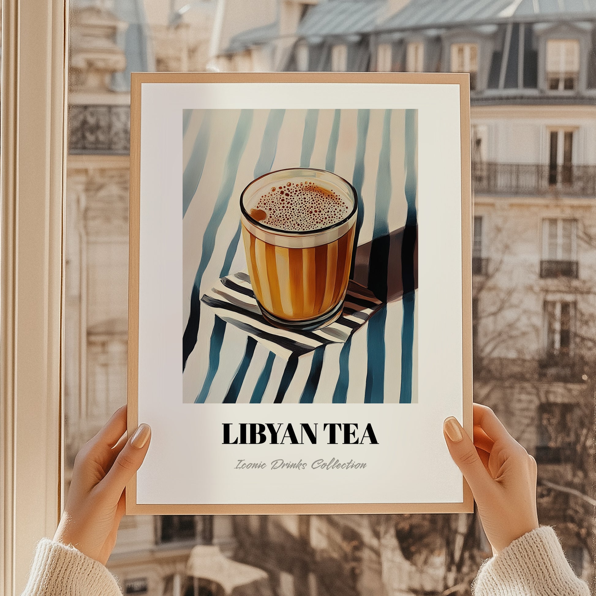 Libyan Tea – on Striped Tablecloth, Libyan Beverage Still Life, styled in a charming Paris street view
