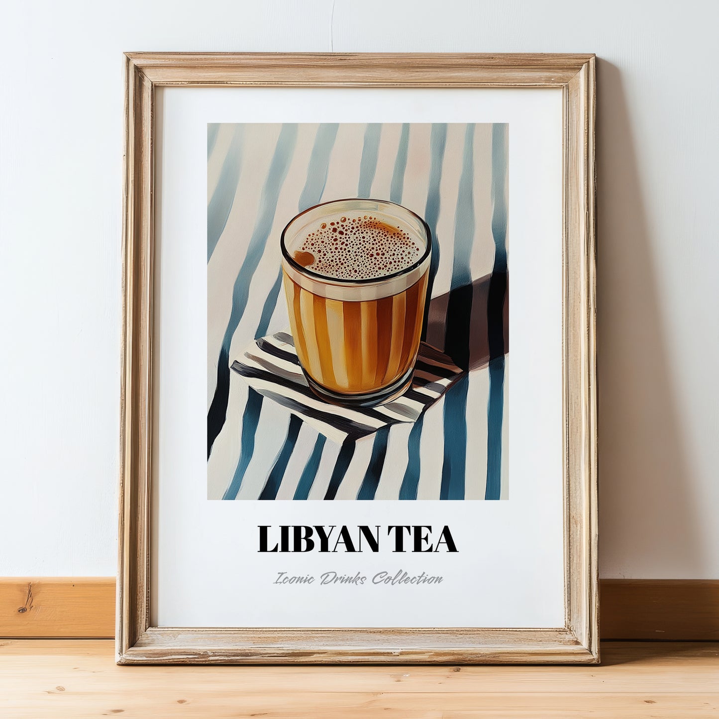 Libyan Tea – on Striped Tablecloth, Libyan Beverage Still Life, in wooden frame leaning on the floor