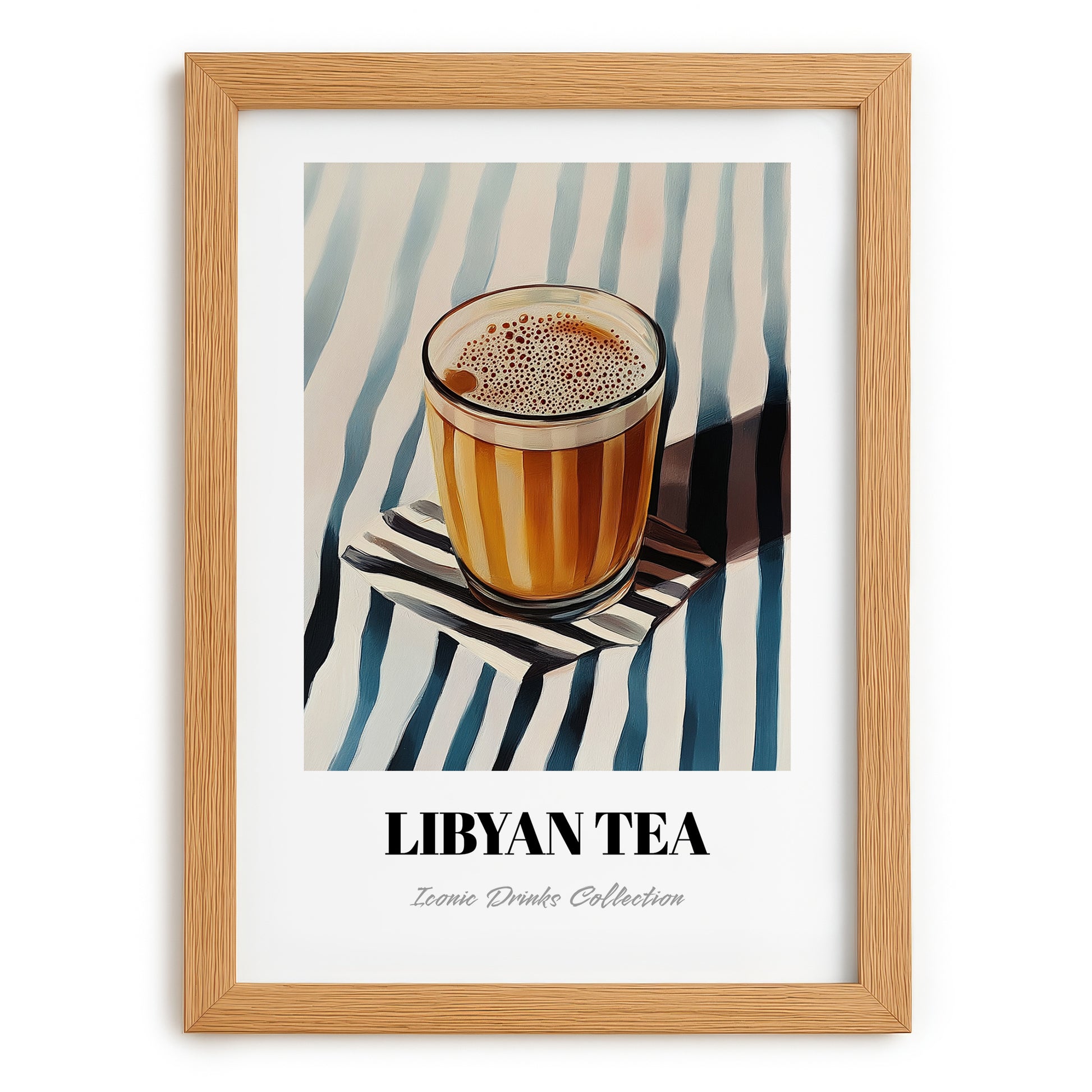 Libyan Tea – on Striped Tablecloth, Libyan Beverage Still Life, set in oak frame