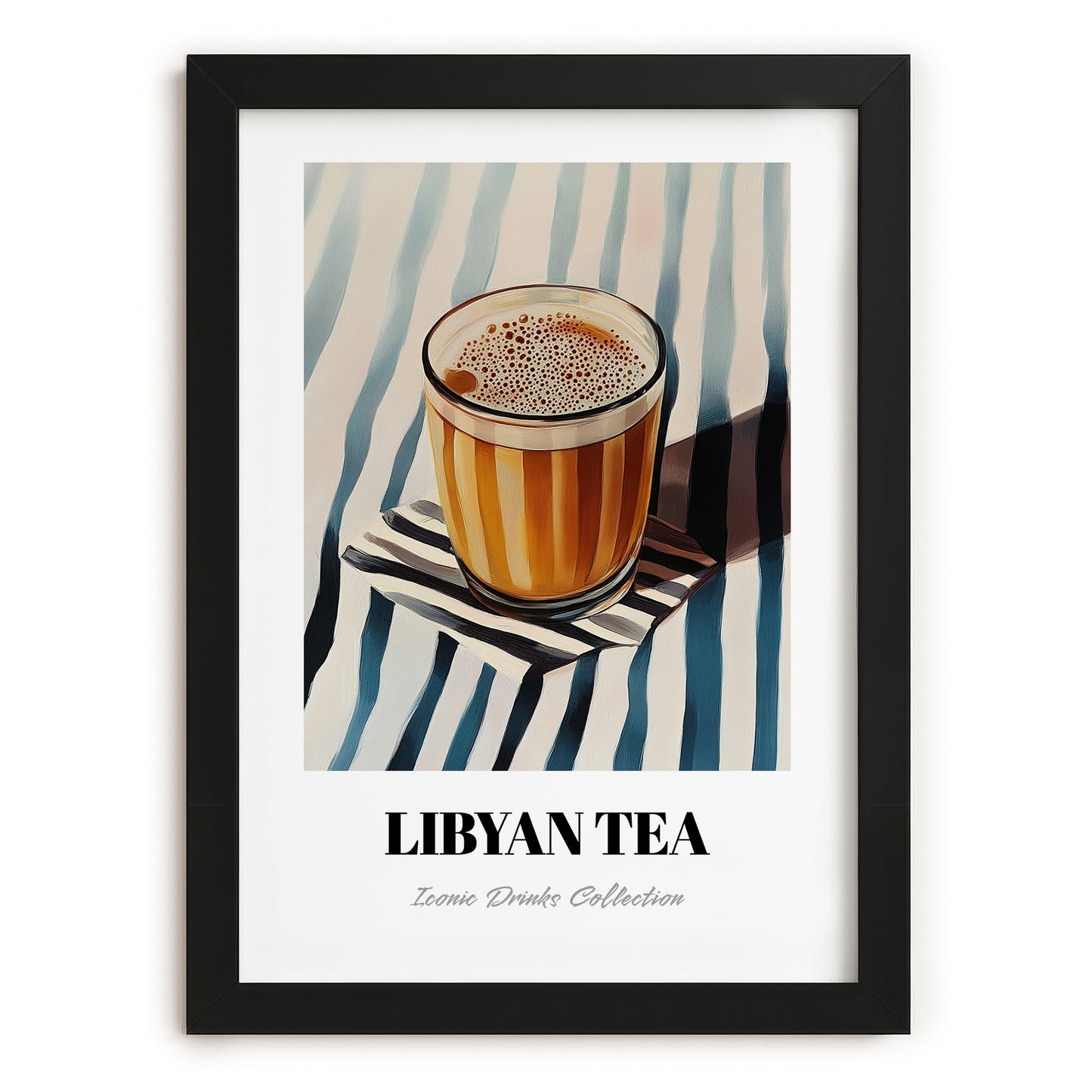 Libyan Tea – on Striped Tablecloth, Libyan Beverage Still Life, in sleek black frame