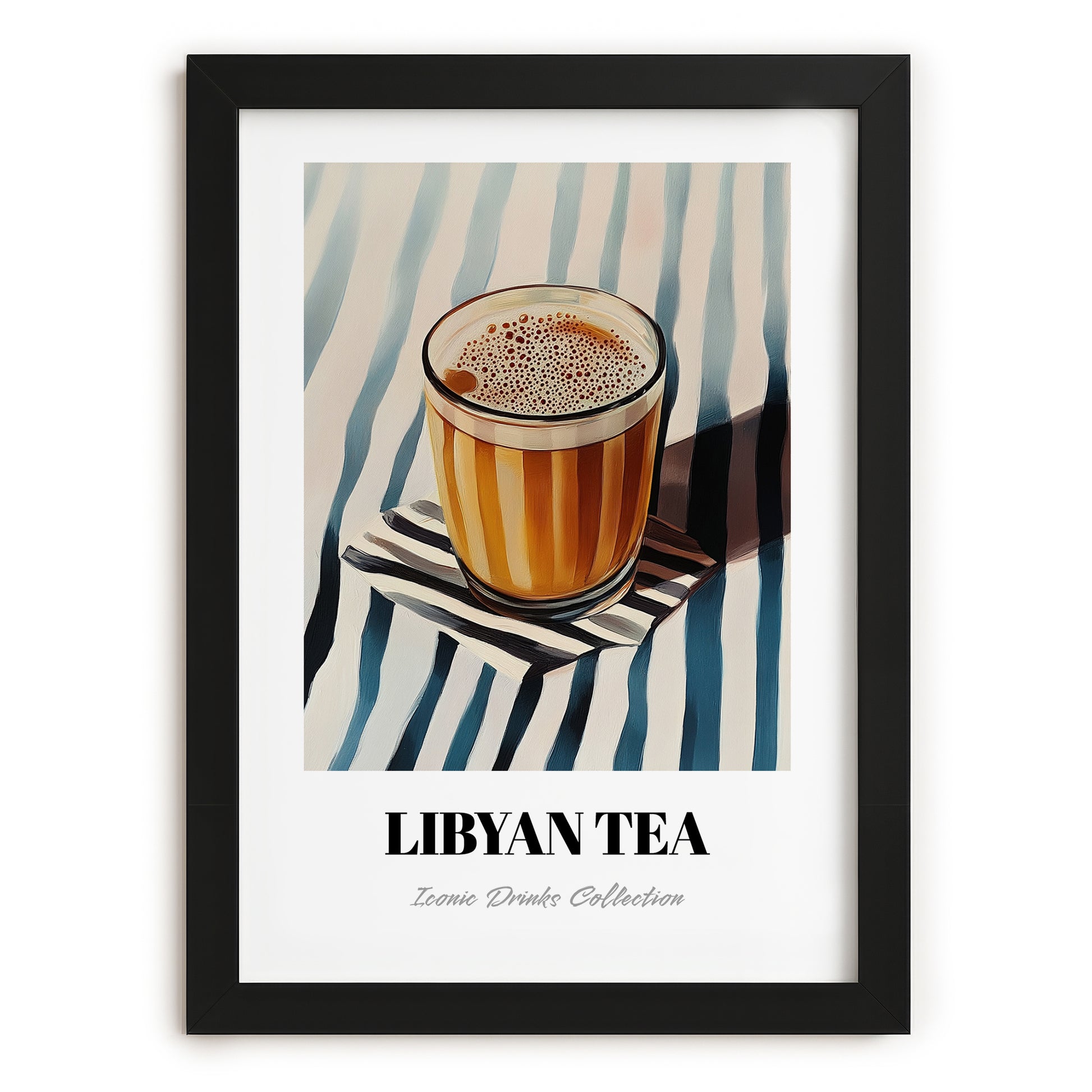 Libyan Tea – on Striped Tablecloth, Libyan Beverage Still Life, in sleek black frame