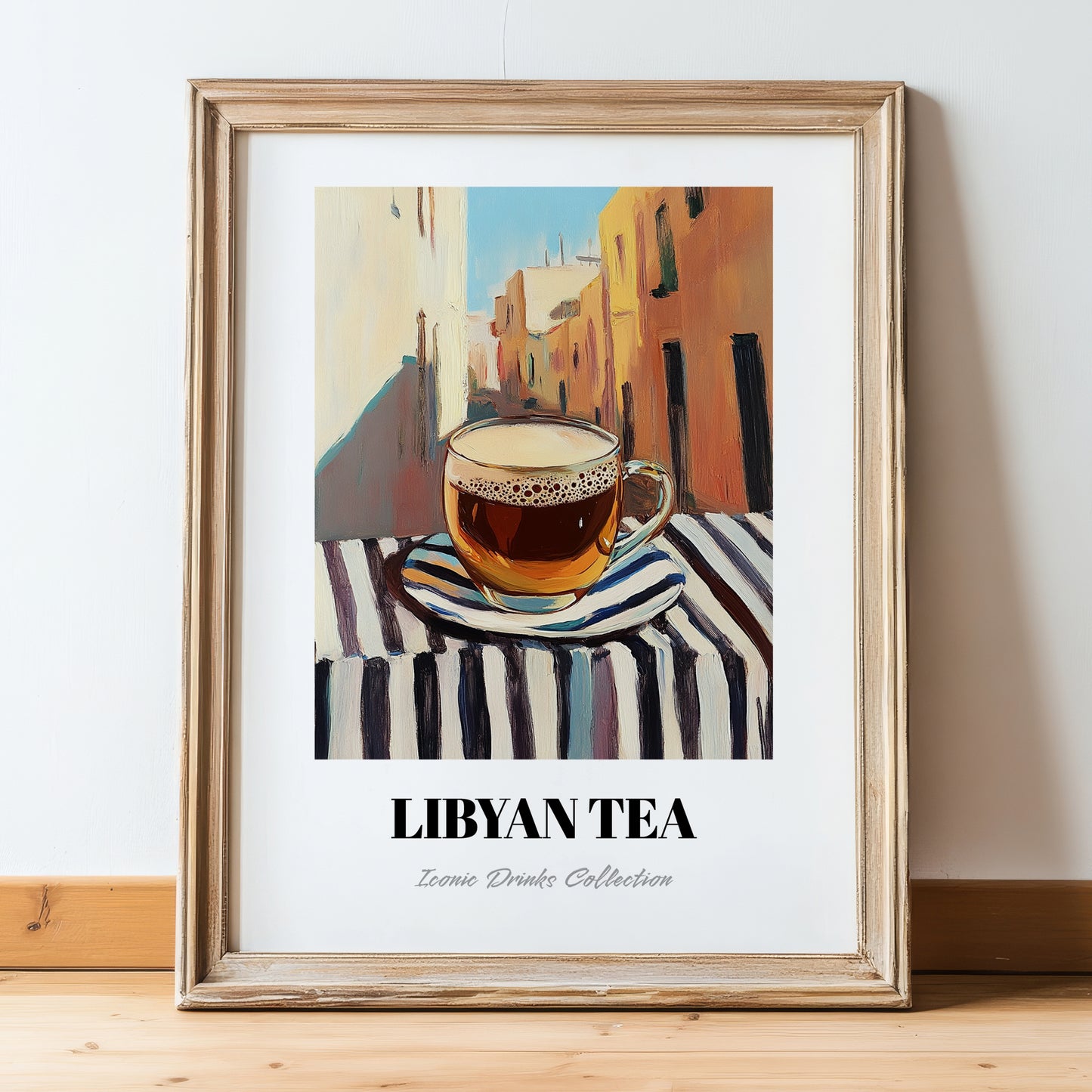 Libyan Tea – Libyan Outdoor Café Scene, Libyan Cocktail Wall Art, in wooden frame leaning on the floor