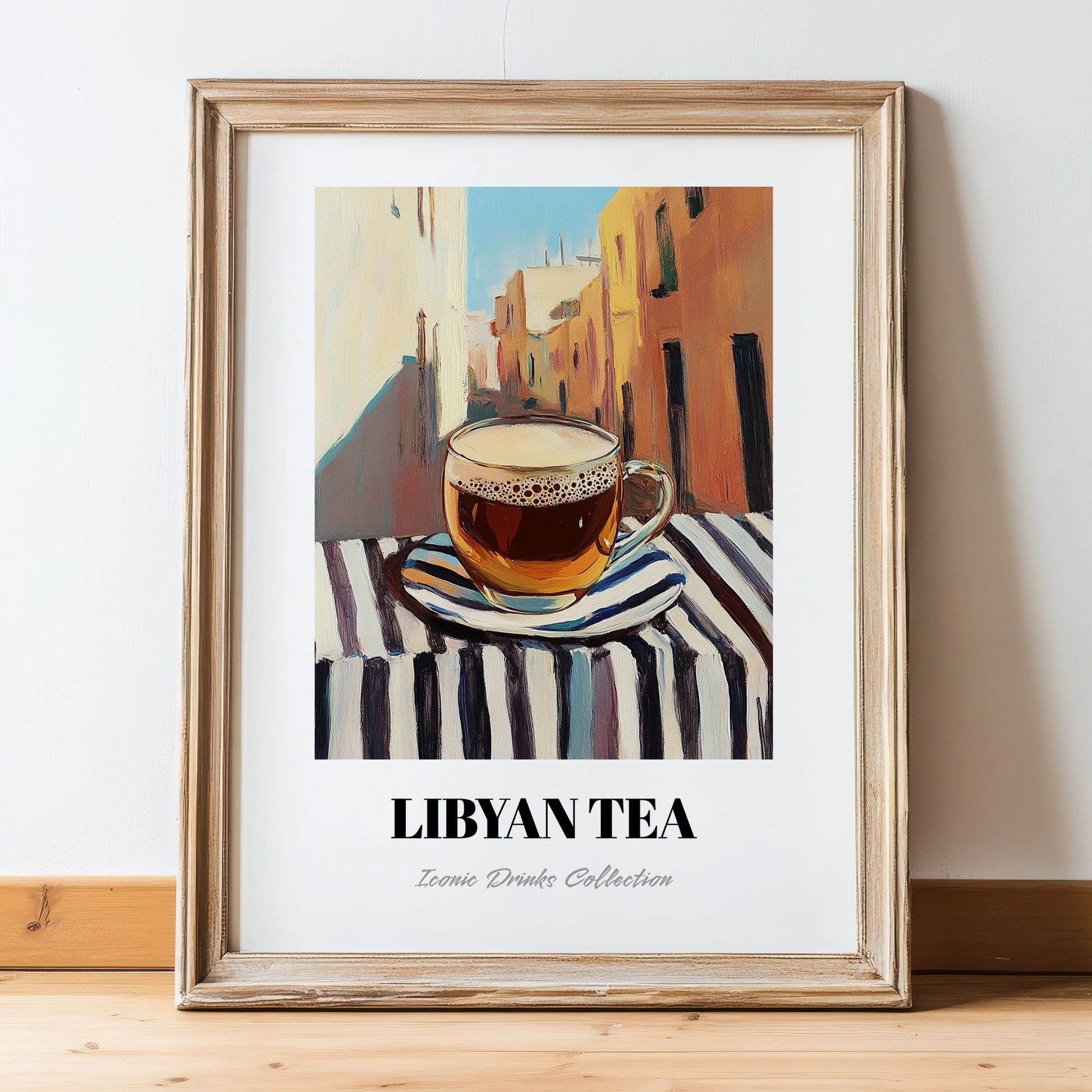 Libyan Tea – Libyan Outdoor Café Scene, Libyan Cocktail Wall Art, in wooden frame leaning on the floor