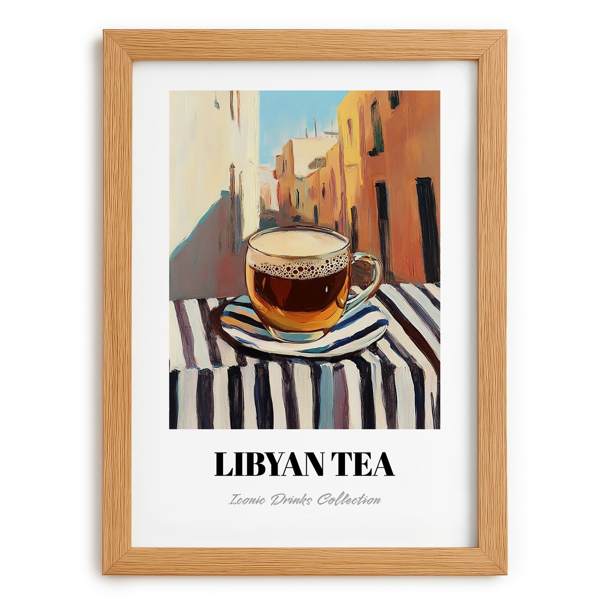 Libyan Tea – Libyan Outdoor Café Scene, Libyan Cocktail Wall Art, set in oak frame