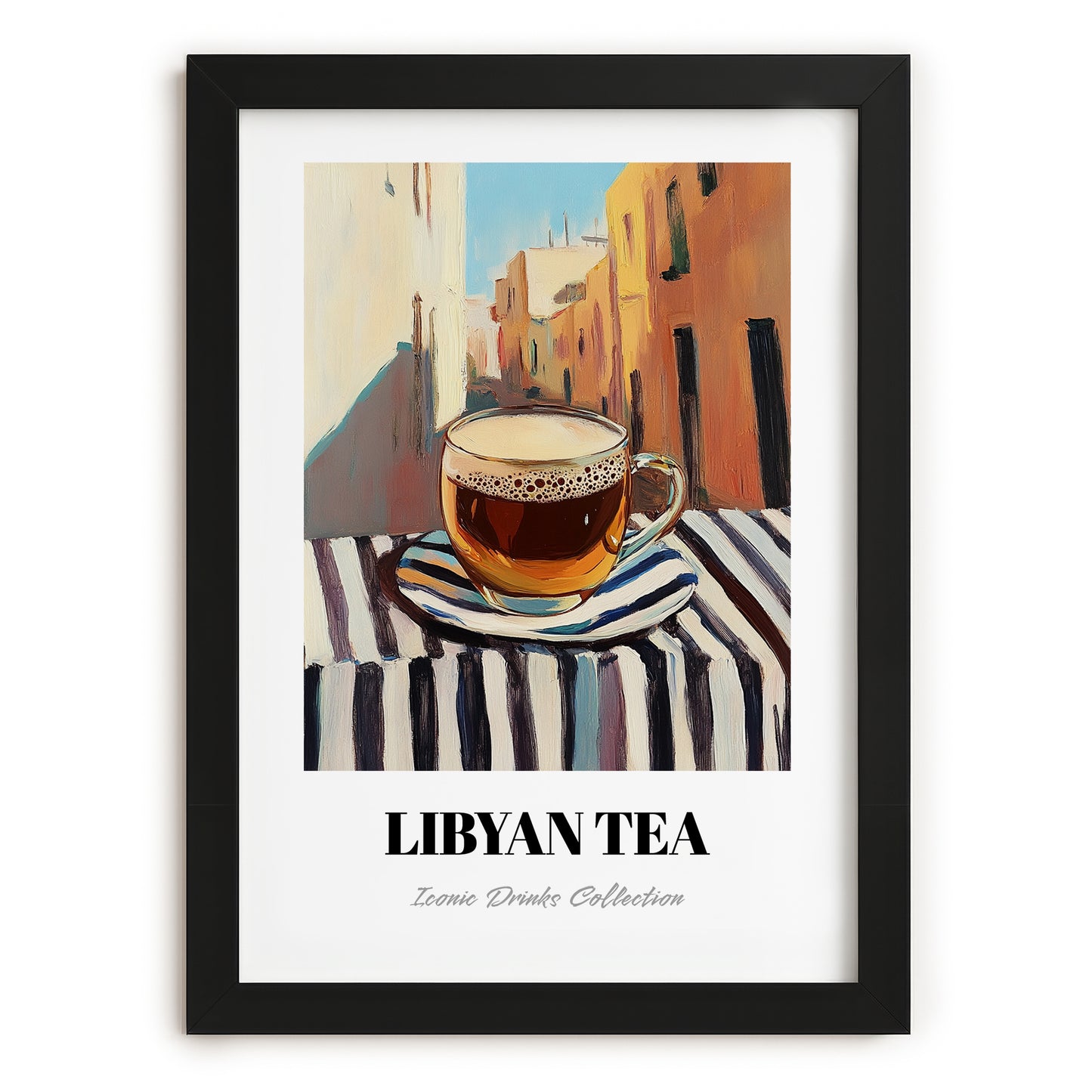 Libyan Tea – Libyan Outdoor Café Scene, Libyan Cocktail Wall Art, in sleek black frame