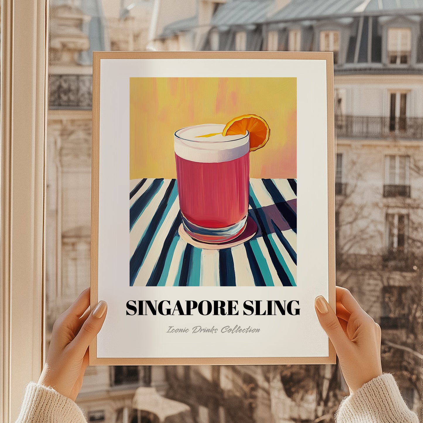 Singapore Sling – on Striped Tablecloth, Singaporean Cocktail Wall Poster, styled in a charming Paris street view