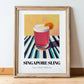 Singapore Sling – on Striped Tablecloth, Singaporean Cocktail Wall Poster, in wooden frame leaning on the floor