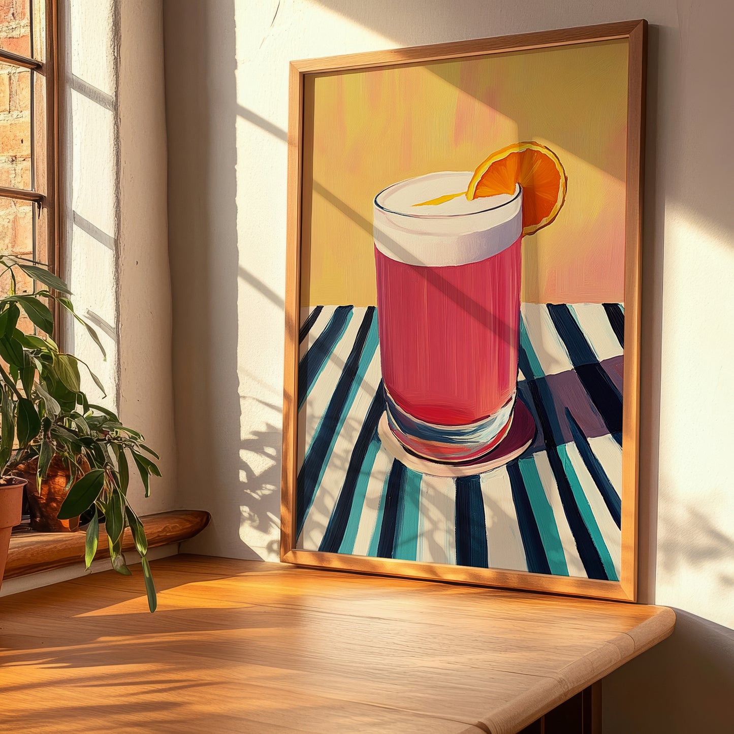 Singapore Sling – on Striped Tablecloth, Singaporean Cocktail Wall Poster, clean layout with no caption