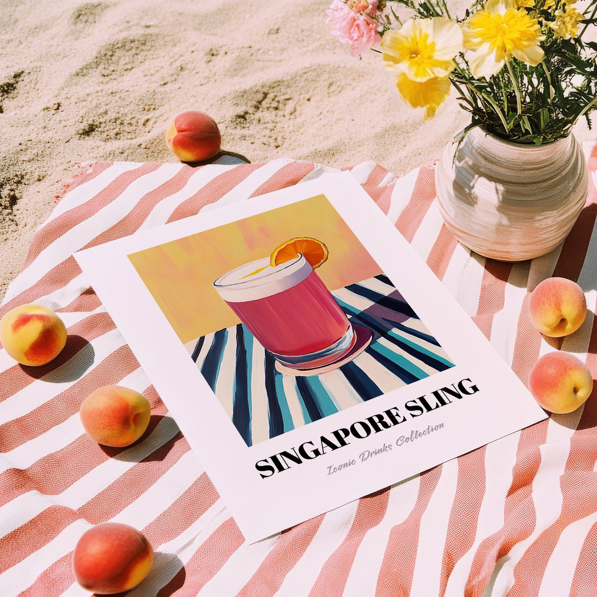 Singapore Sling – on Striped Tablecloth, Singaporean Cocktail Wall Poster, unframed on coastal sand