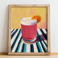 Singapore Sling – on Striped Tablecloth, Singaporean Cocktail Wall Poster, no-text version framed in wood