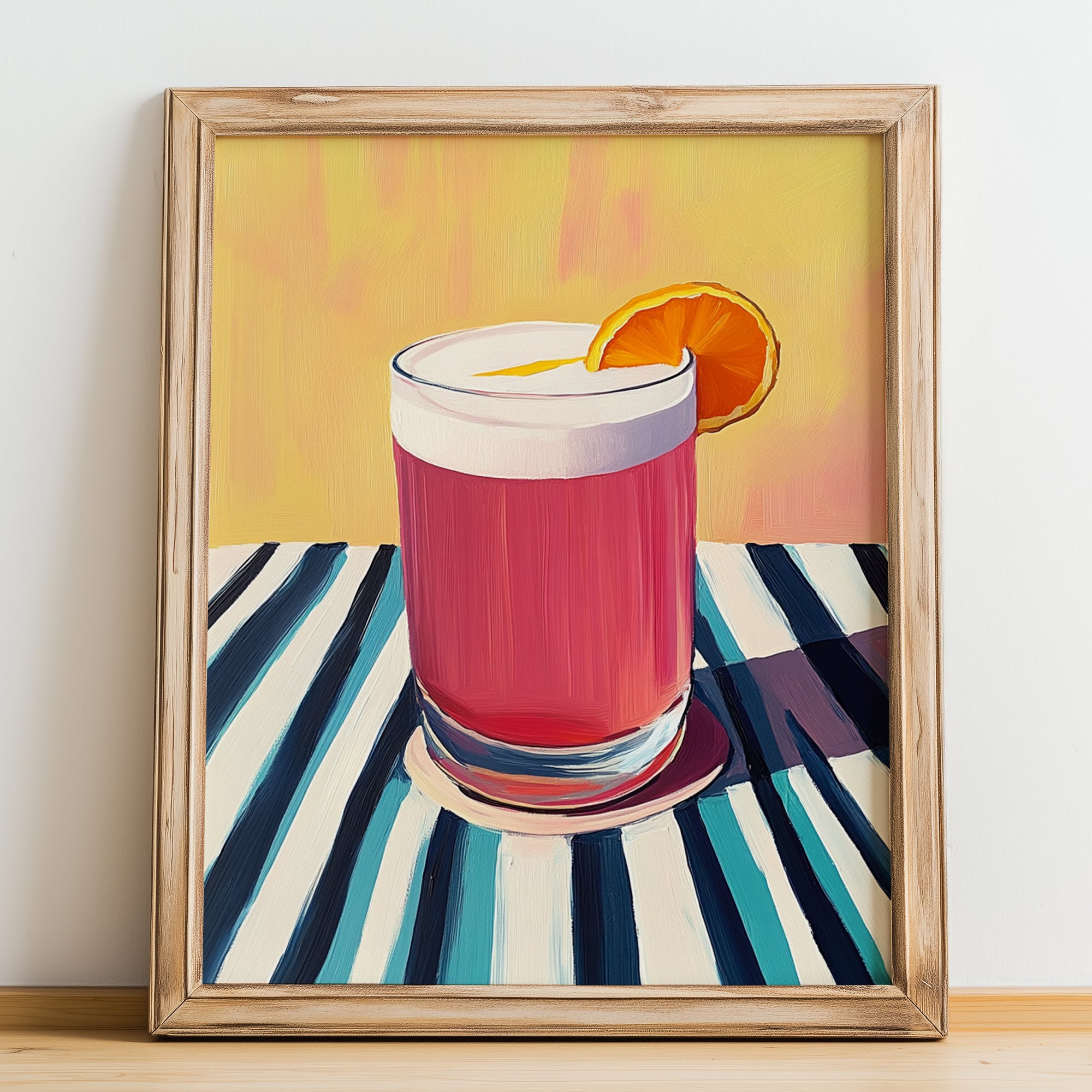 Singapore Sling – on Striped Tablecloth, Singaporean Cocktail Wall Poster, no-text version framed in wood