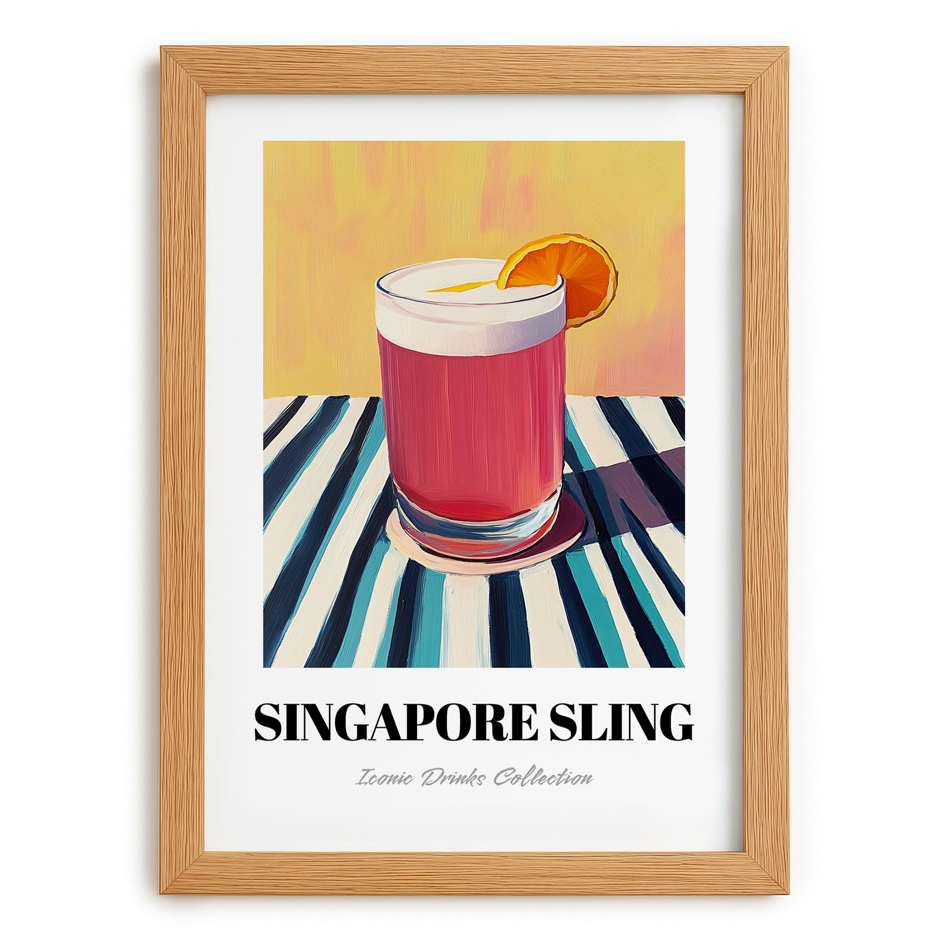 Singapore Sling – on Striped Tablecloth, Singaporean Cocktail Wall Poster, set in oak frame