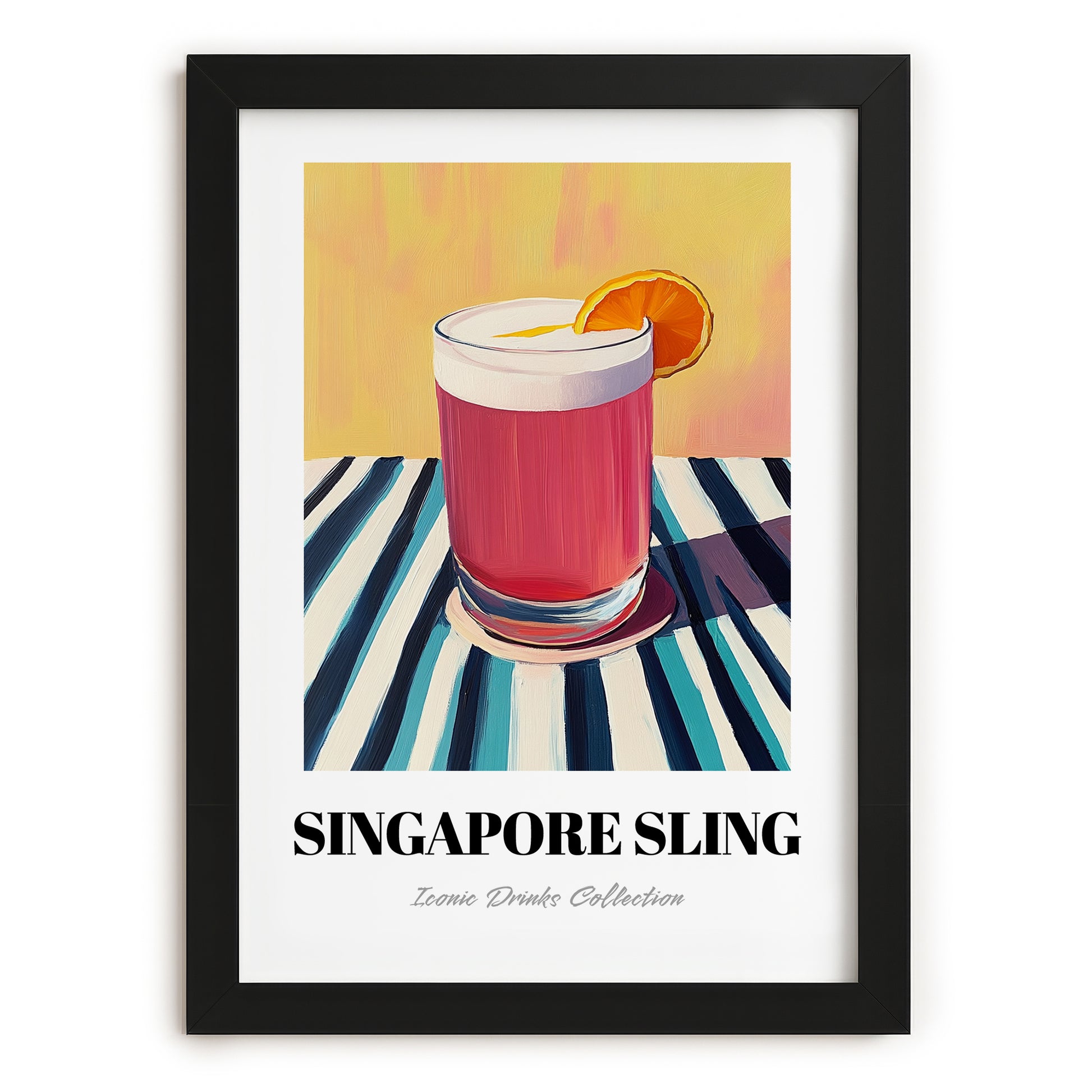 Singapore Sling – on Striped Tablecloth, Singaporean Cocktail Wall Poster, in sleek black frame