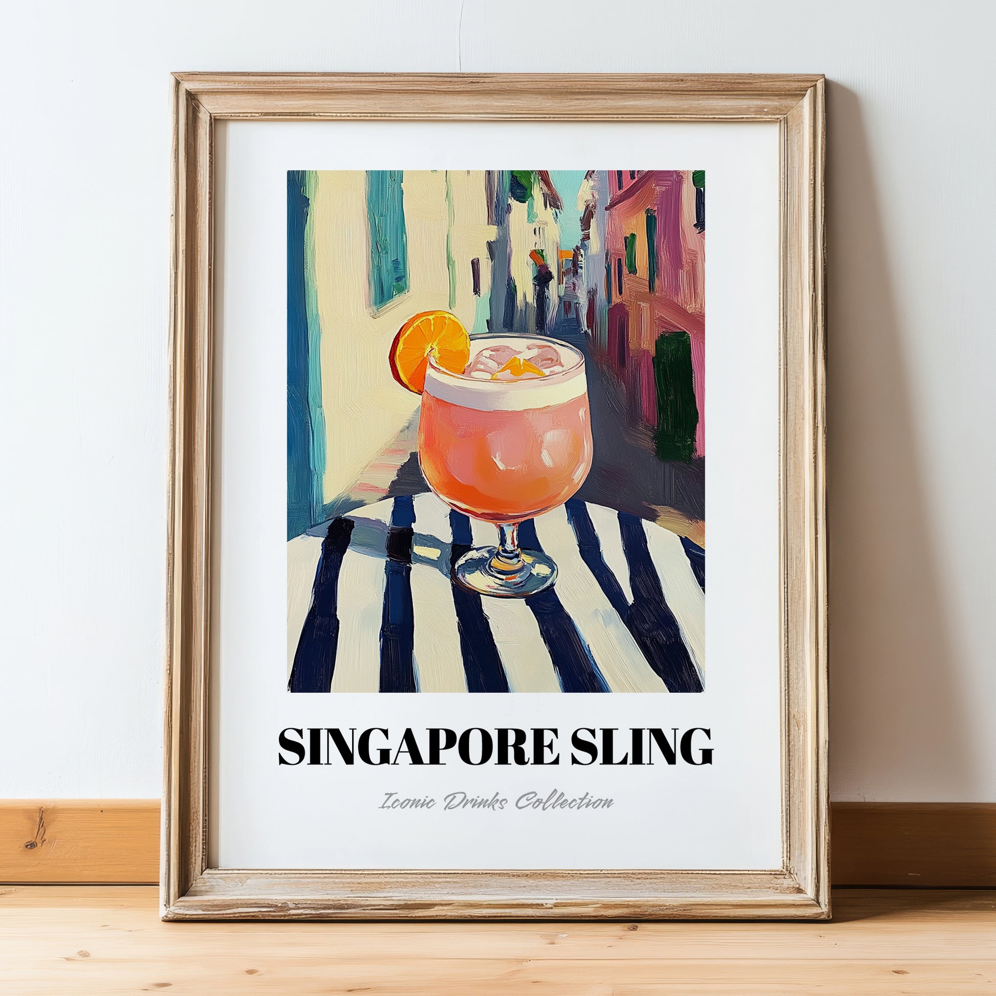 Singapore Sling – Singaporean Street Café Scene, Singaporean Beverage Wall Decor, in wooden frame leaning on the floor