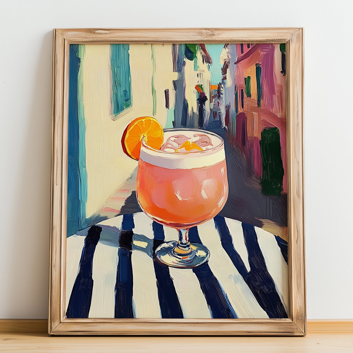Singapore Sling – Singaporean Street Café Scene, Singaporean Beverage Wall Decor, no-text version framed in wood