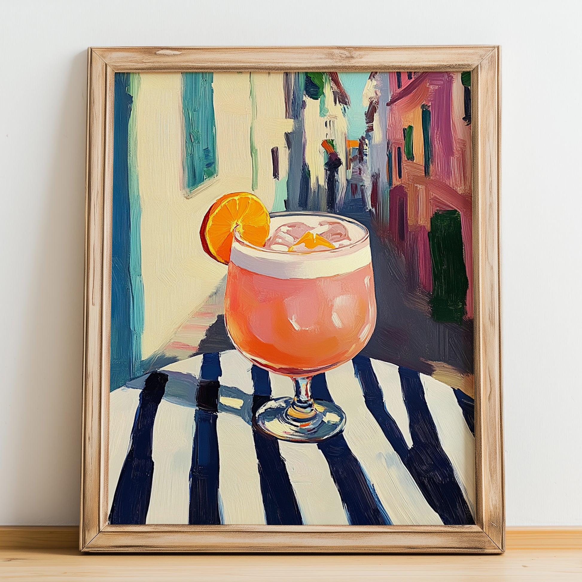 Singapore Sling – Singaporean Street Café Scene, Singaporean Beverage Wall Decor, no-text version framed in wood
