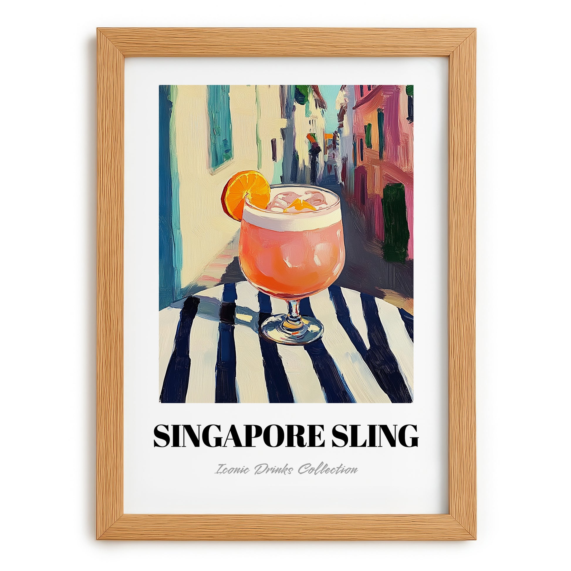Singapore Sling – Singaporean Street Café Scene, Singaporean Beverage Wall Decor, set in oak frame