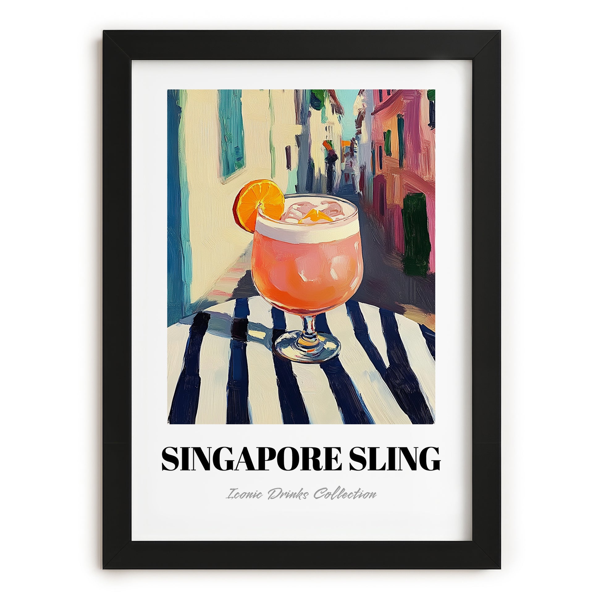 Singapore Sling – Singaporean Street Café Scene, Singaporean Beverage Wall Decor, in sleek black frame