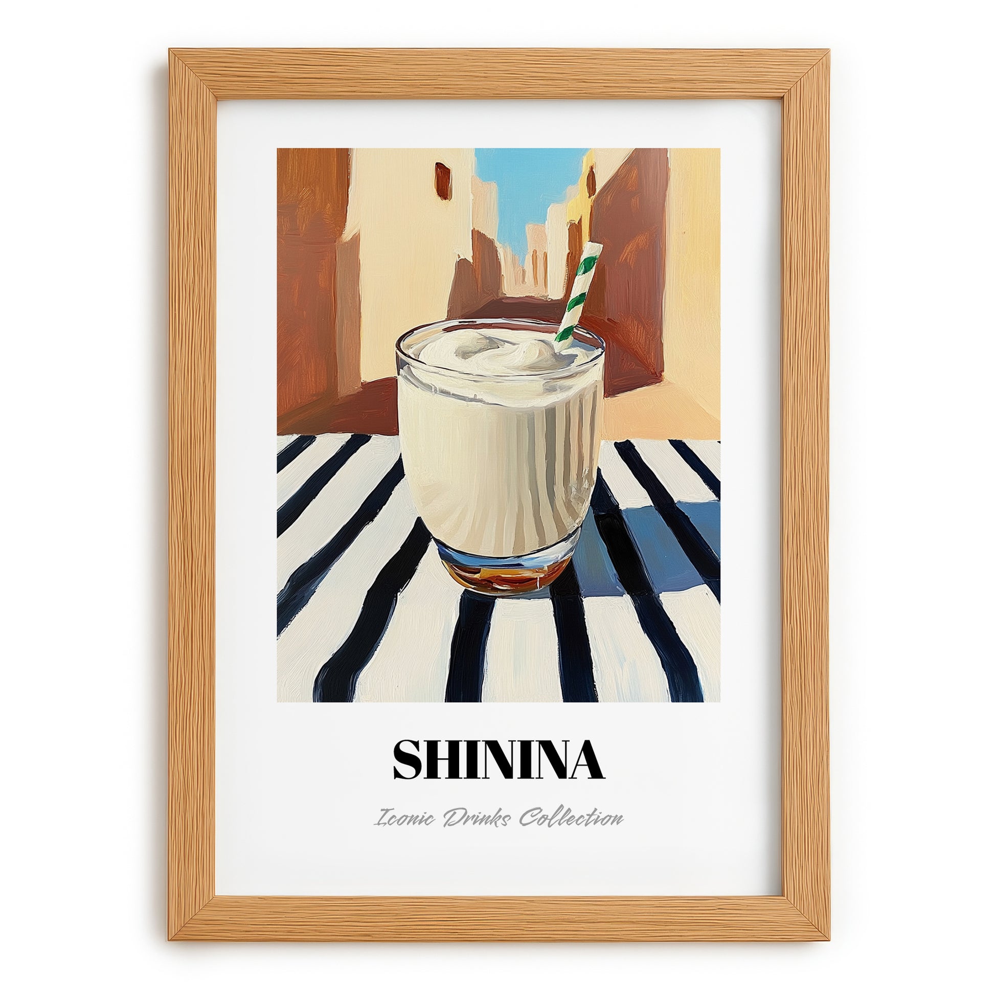 Shinina – Iraqi Urban Café Scene, Iraqi Beverage Painting, set in oak frame
