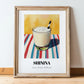 Shinina – on Striped Tablecloth, Iraqi Cocktail Art, in wooden frame leaning on the floor
