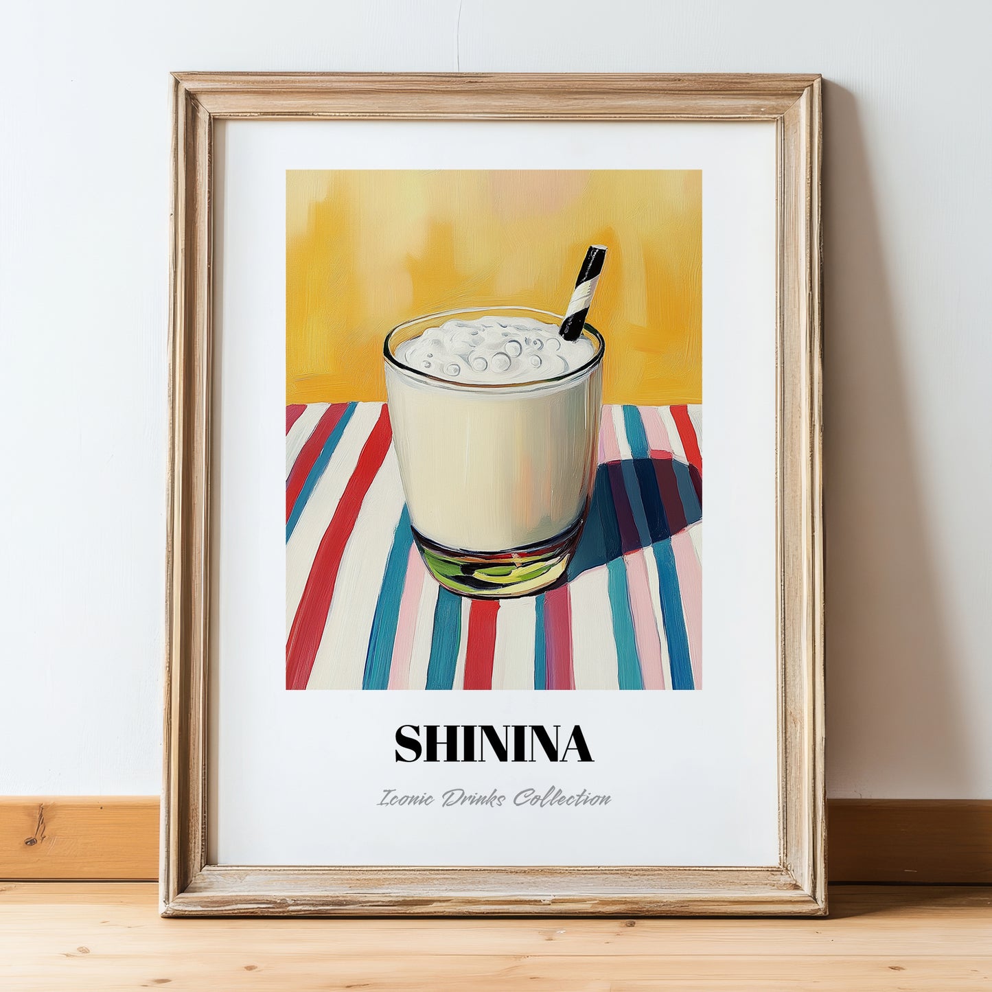 Shinina – on Striped Tablecloth, Iraqi Cocktail Art, in wooden frame leaning on the floor