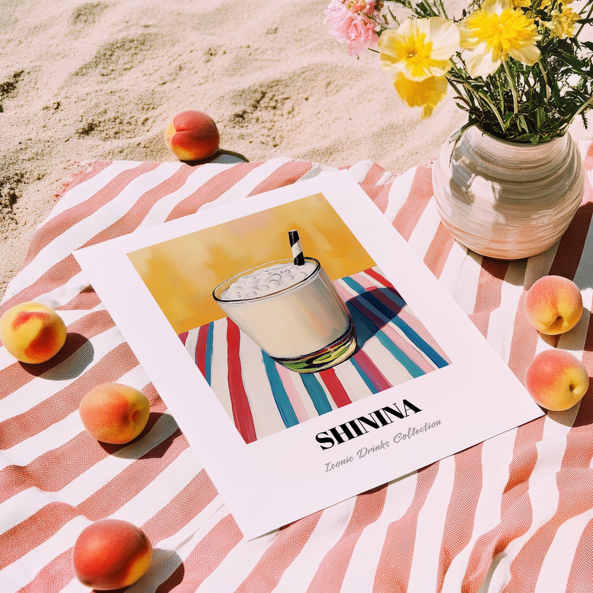 Shinina – on Striped Tablecloth, Iraqi Cocktail Art, unframed on coastal sand