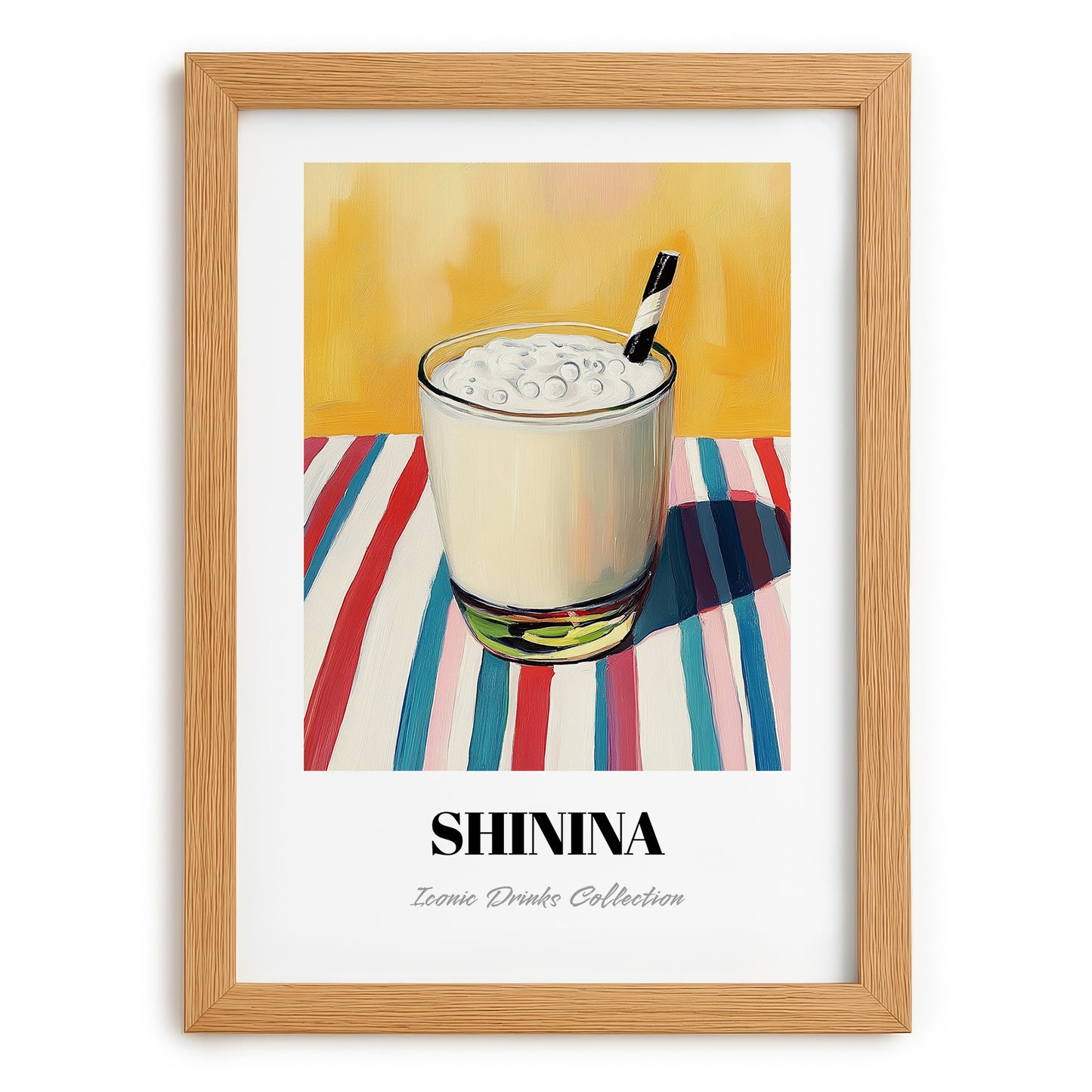 Shinina – on Striped Tablecloth, Iraqi Cocktail Art, set in oak frame