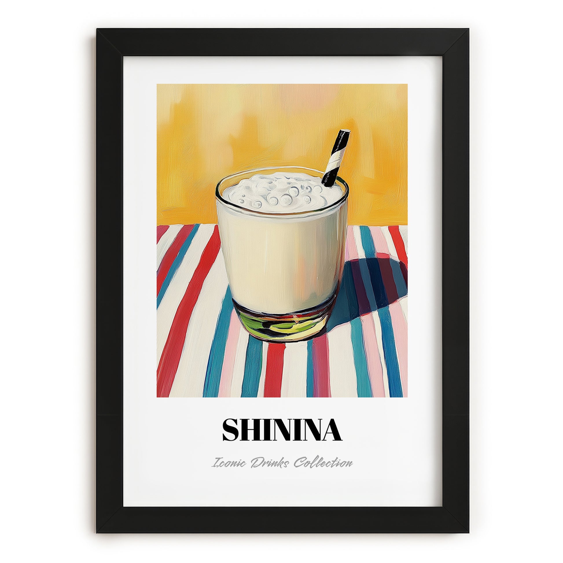Shinina – on Striped Tablecloth, Iraqi Cocktail Art, in sleek black frame