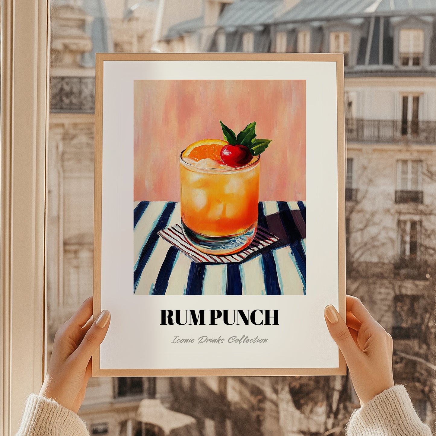 Rum Punch – on Striped Tablecloth, Jamaican Cocktail Wall Art, styled in a charming Paris street view