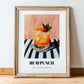 Rum Punch – on Striped Tablecloth, Jamaican Cocktail Wall Art, in wooden frame leaning on the floor