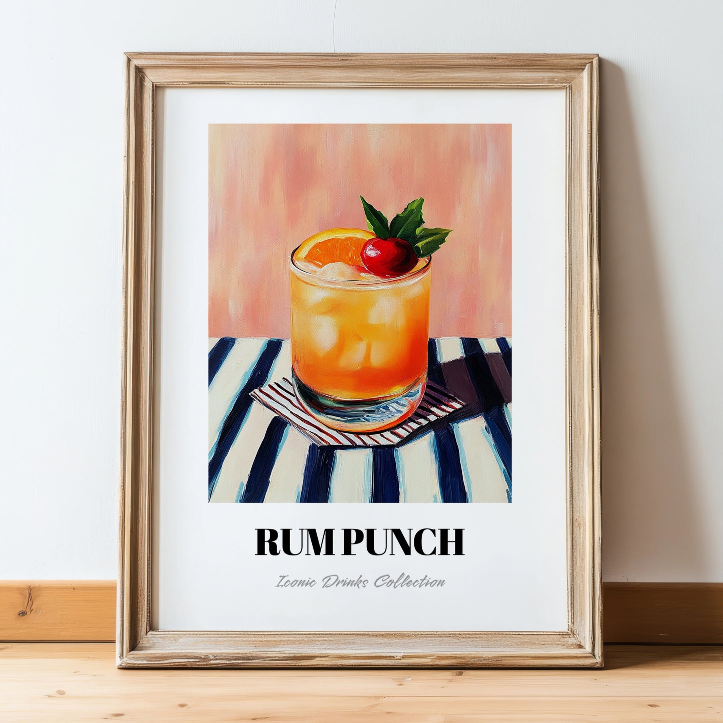 Rum Punch – on Striped Tablecloth, Jamaican Cocktail Wall Art, in wooden frame leaning on the floor