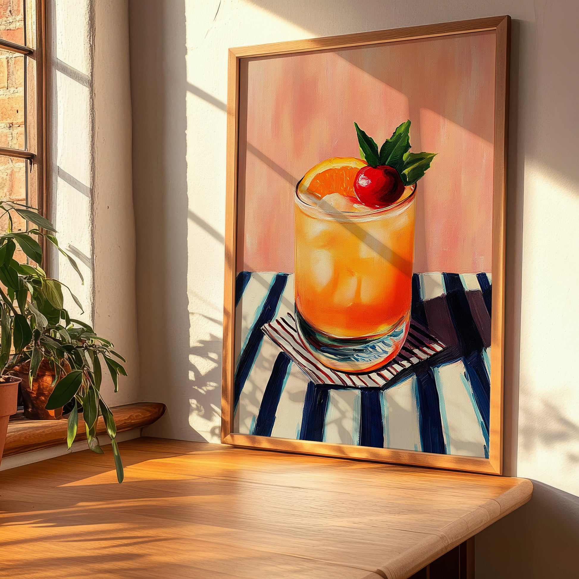 Rum Punch – on Striped Tablecloth, Jamaican Cocktail Wall Art, clean layout with no caption