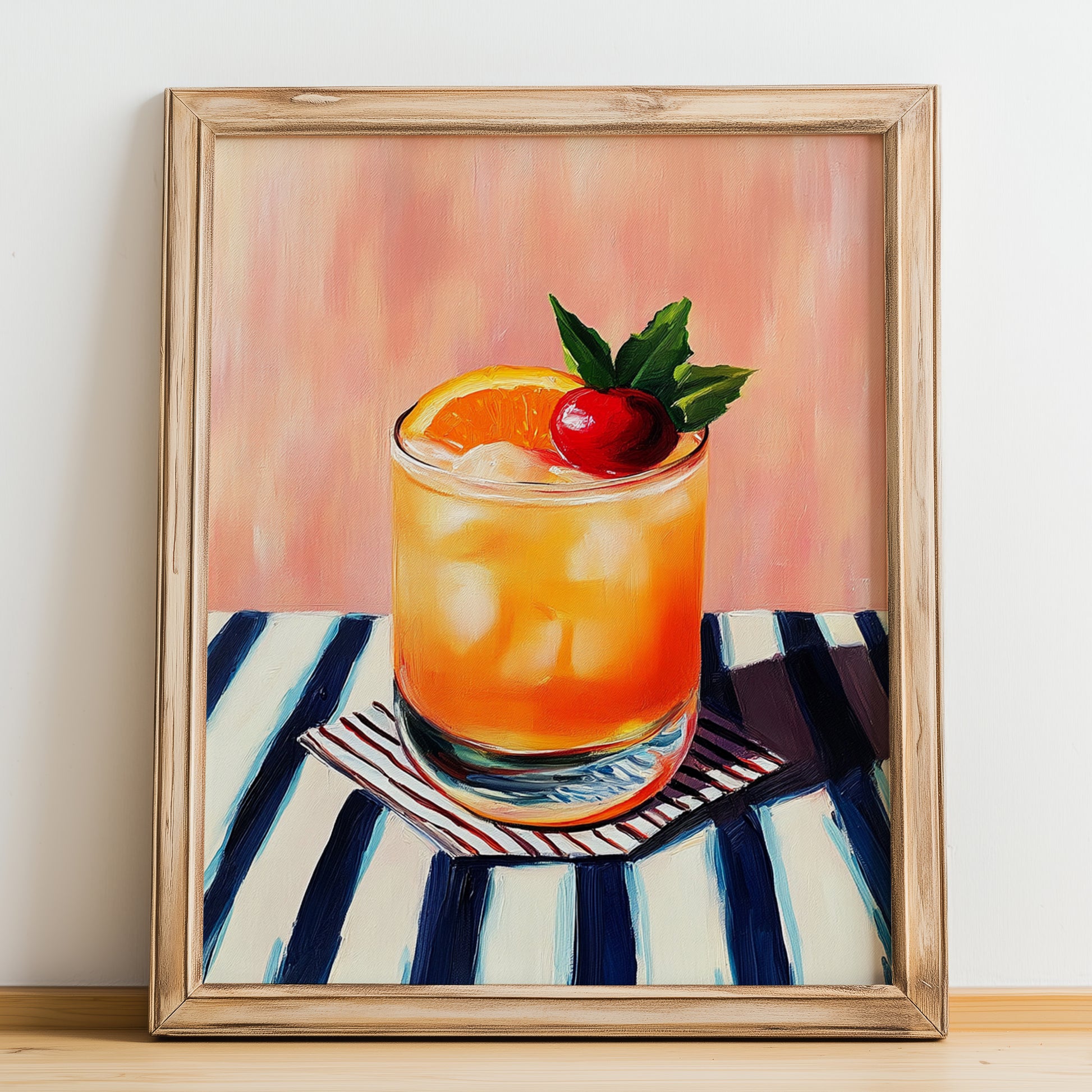 Rum Punch – on Striped Tablecloth, Jamaican Cocktail Wall Art, no-text version framed in wood