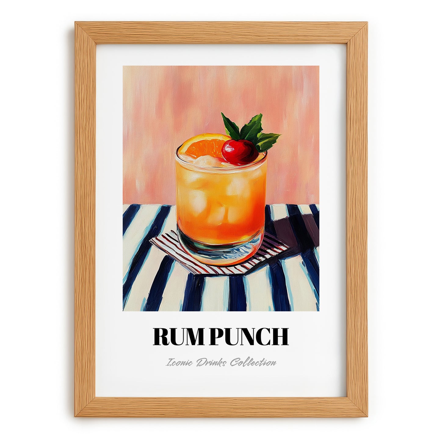 Rum Punch – on Striped Tablecloth, Jamaican Cocktail Wall Art, set in oak frame