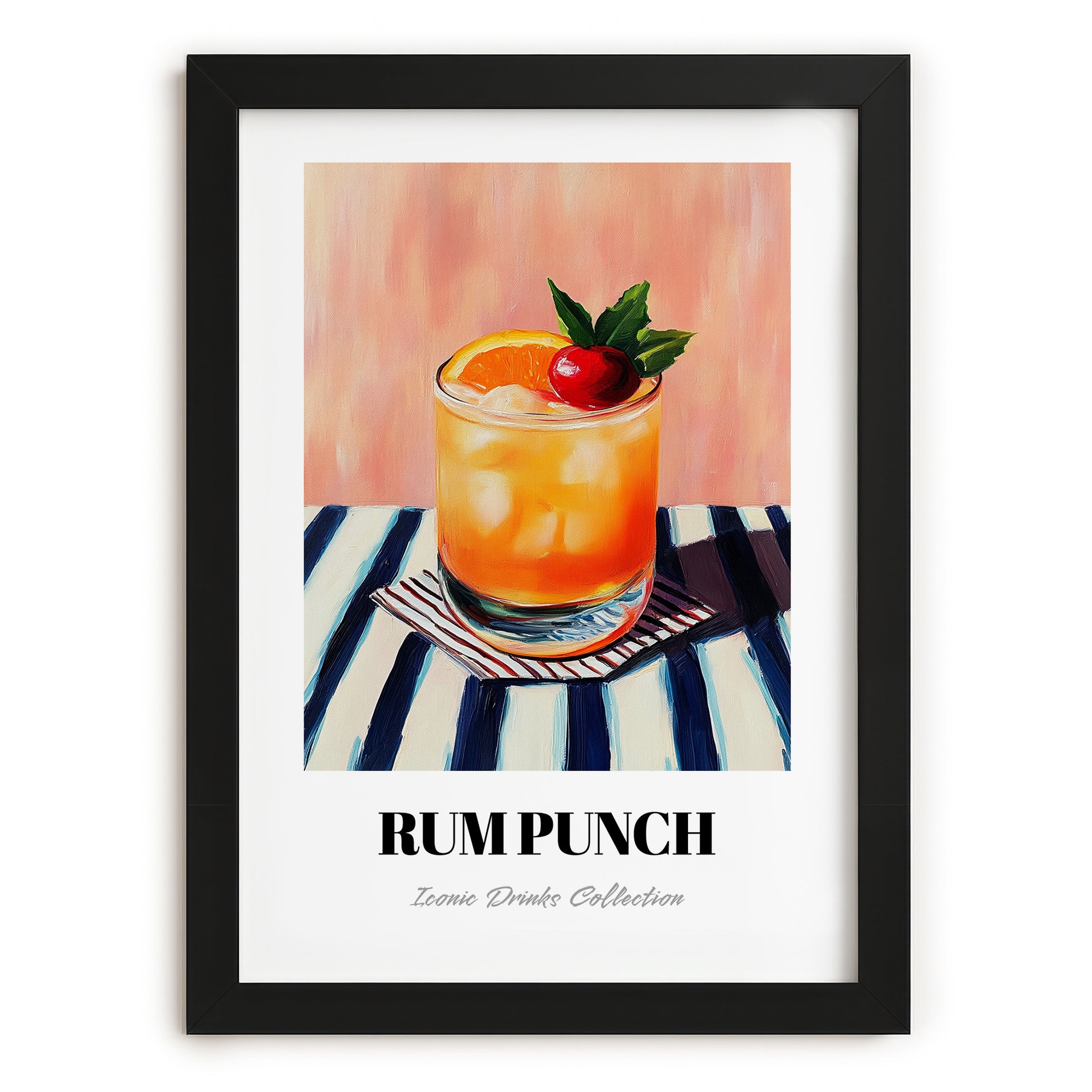 Rum Punch – on Striped Tablecloth, Jamaican Cocktail Wall Art, in sleek black frame