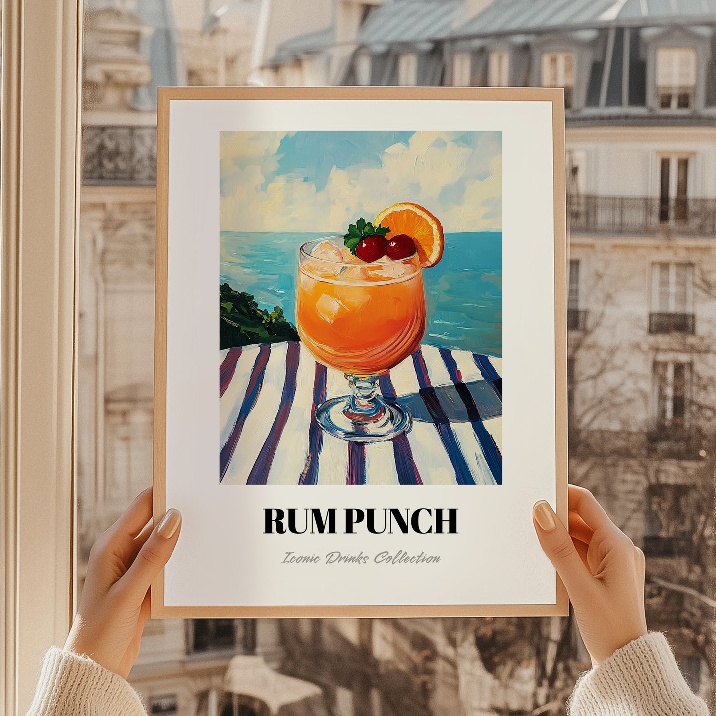 Rum Punch – Jamaican Seaside Scene, Jamaican Beverage Poster, styled in a charming Paris street view