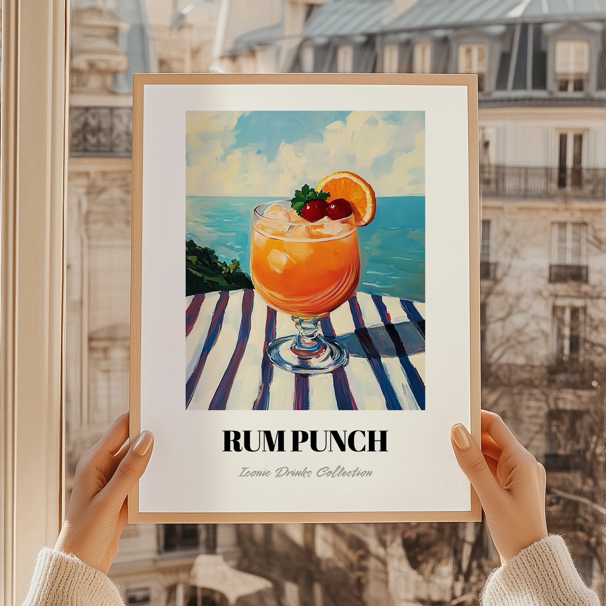 Rum Punch – Jamaican Seaside Scene, Jamaican Beverage Poster, styled in a charming Paris street view