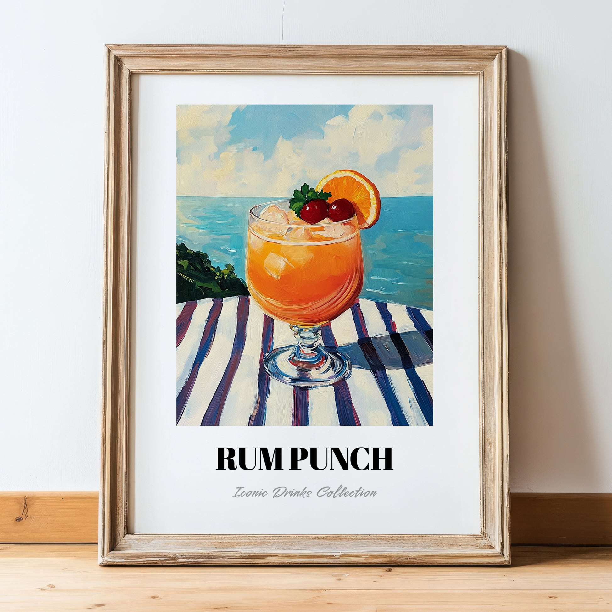 Rum Punch – Jamaican Seaside Scene, Jamaican Beverage Poster, in wooden frame leaning on the floor