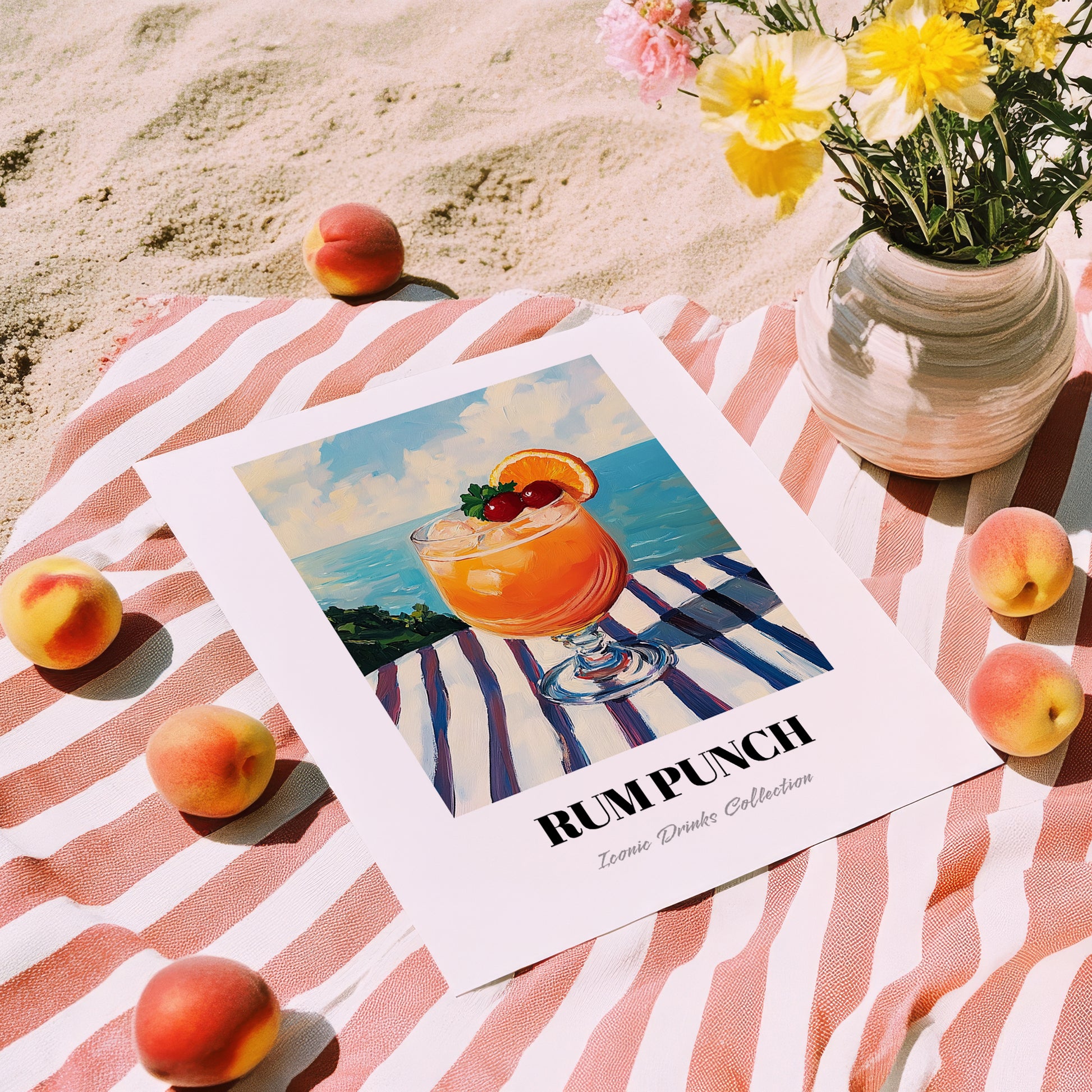Rum Punch – Jamaican Seaside Scene, Jamaican Beverage Poster, unframed on coastal sand