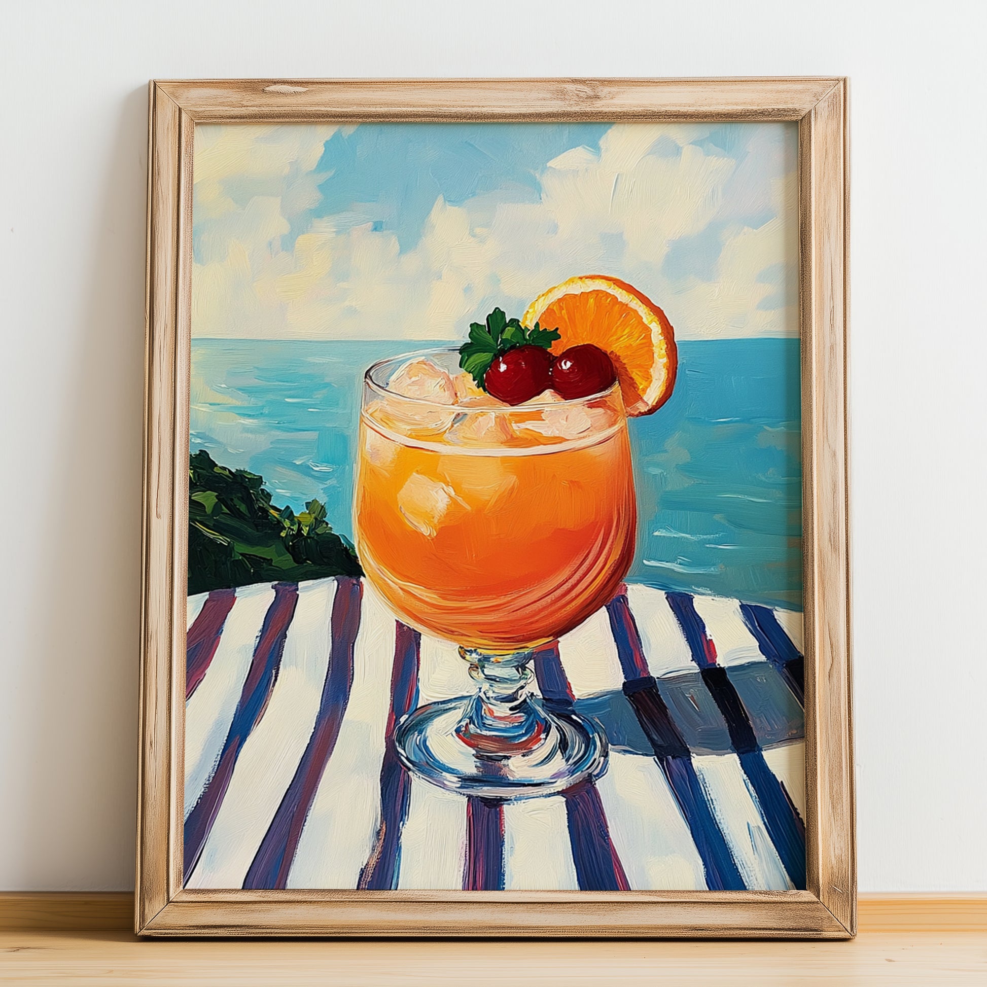 Rum Punch – Jamaican Seaside Scene, Jamaican Beverage Poster, no-text version framed in wood
