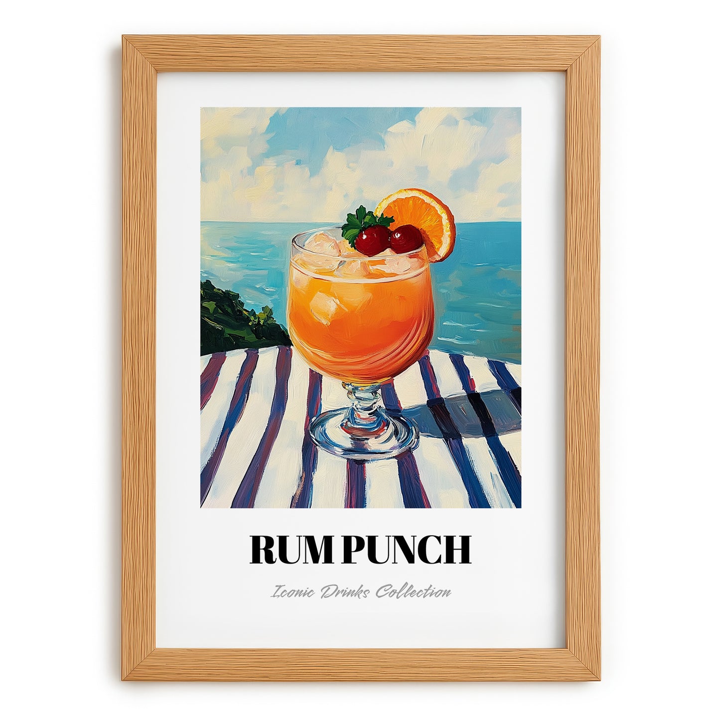 Rum Punch – Jamaican Seaside Scene, Jamaican Beverage Poster, set in oak frame