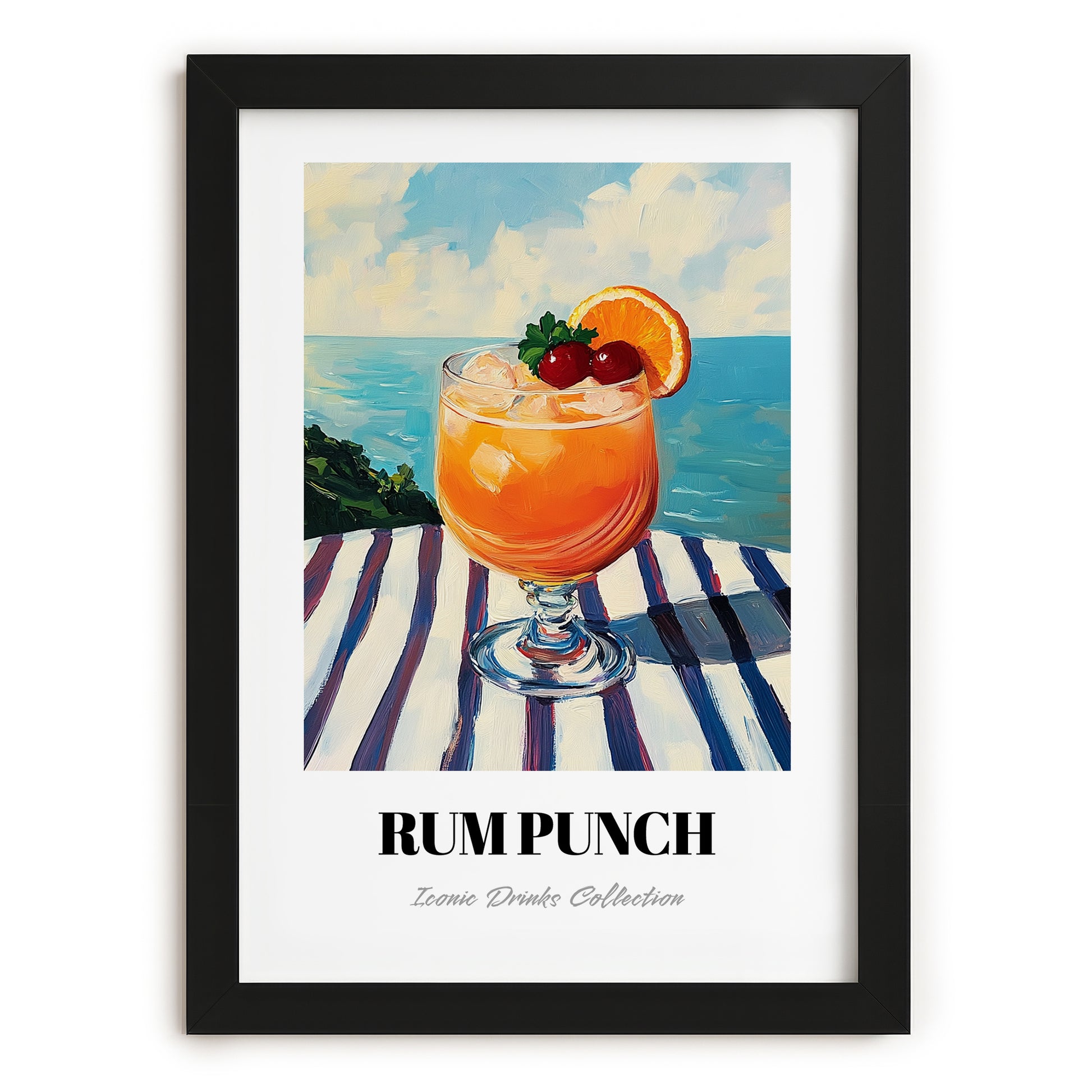 Rum Punch – Jamaican Seaside Scene, Jamaican Beverage Poster, in sleek black frame