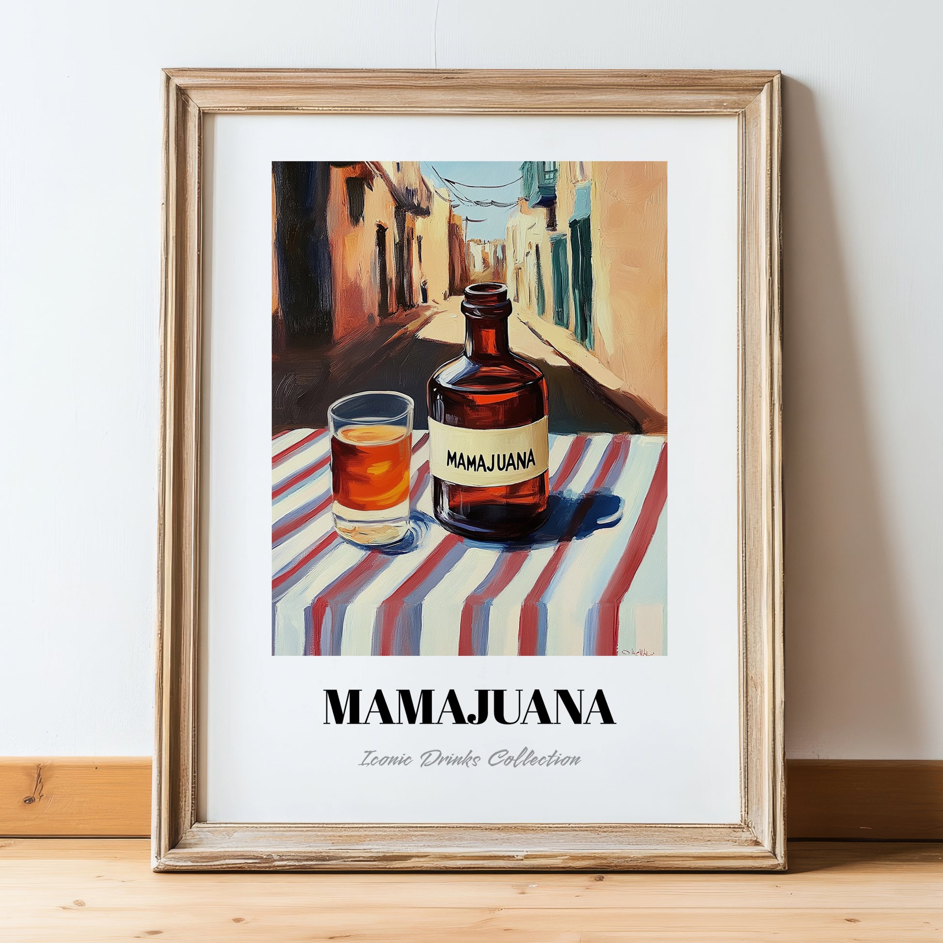 Mamajuana – Dominican Outdoor Café Scene, Dominican Beverage Still Life, in wooden frame leaning on the floor