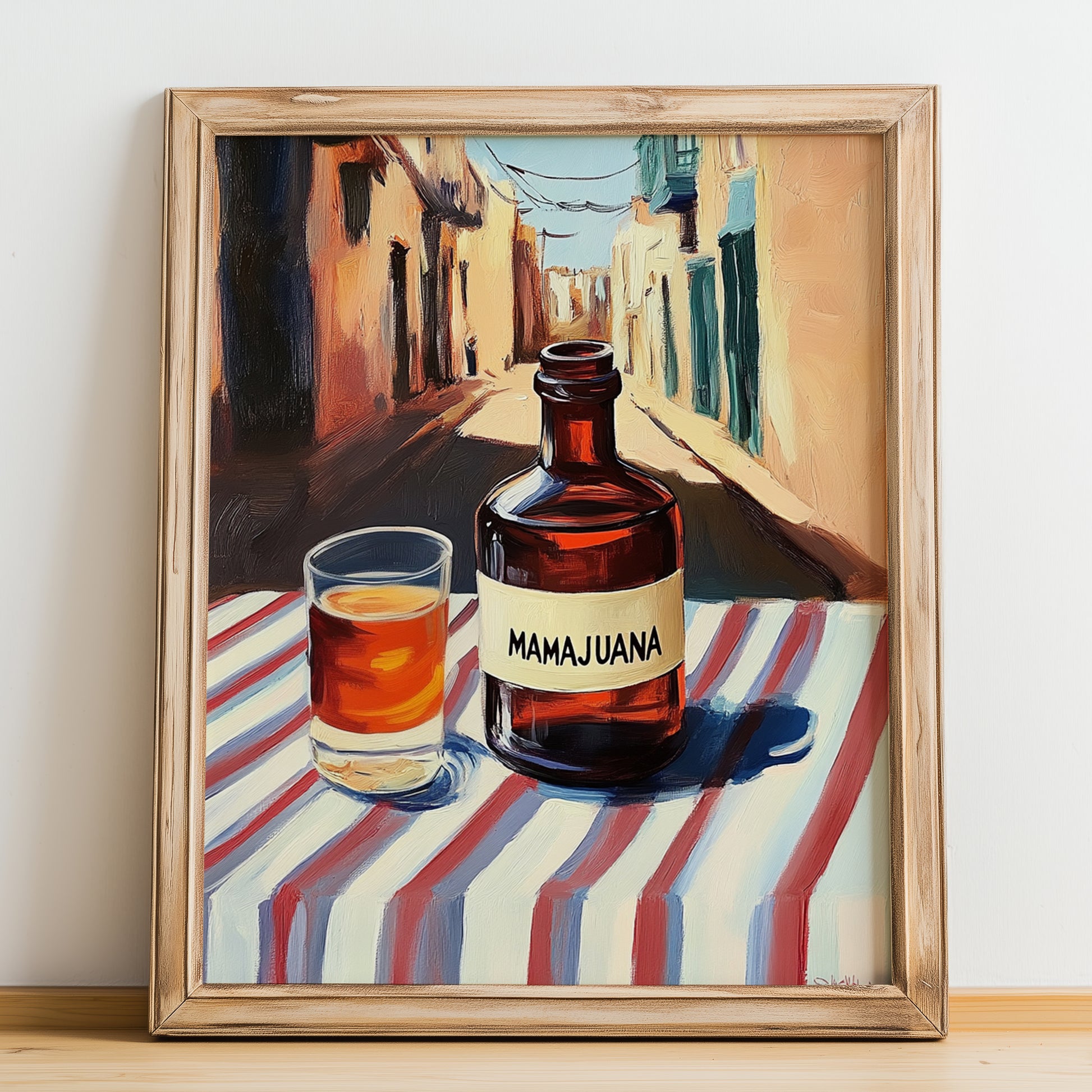 Mamajuana – Dominican Outdoor Café Scene, Dominican Beverage Still Life, no-text version framed in wood