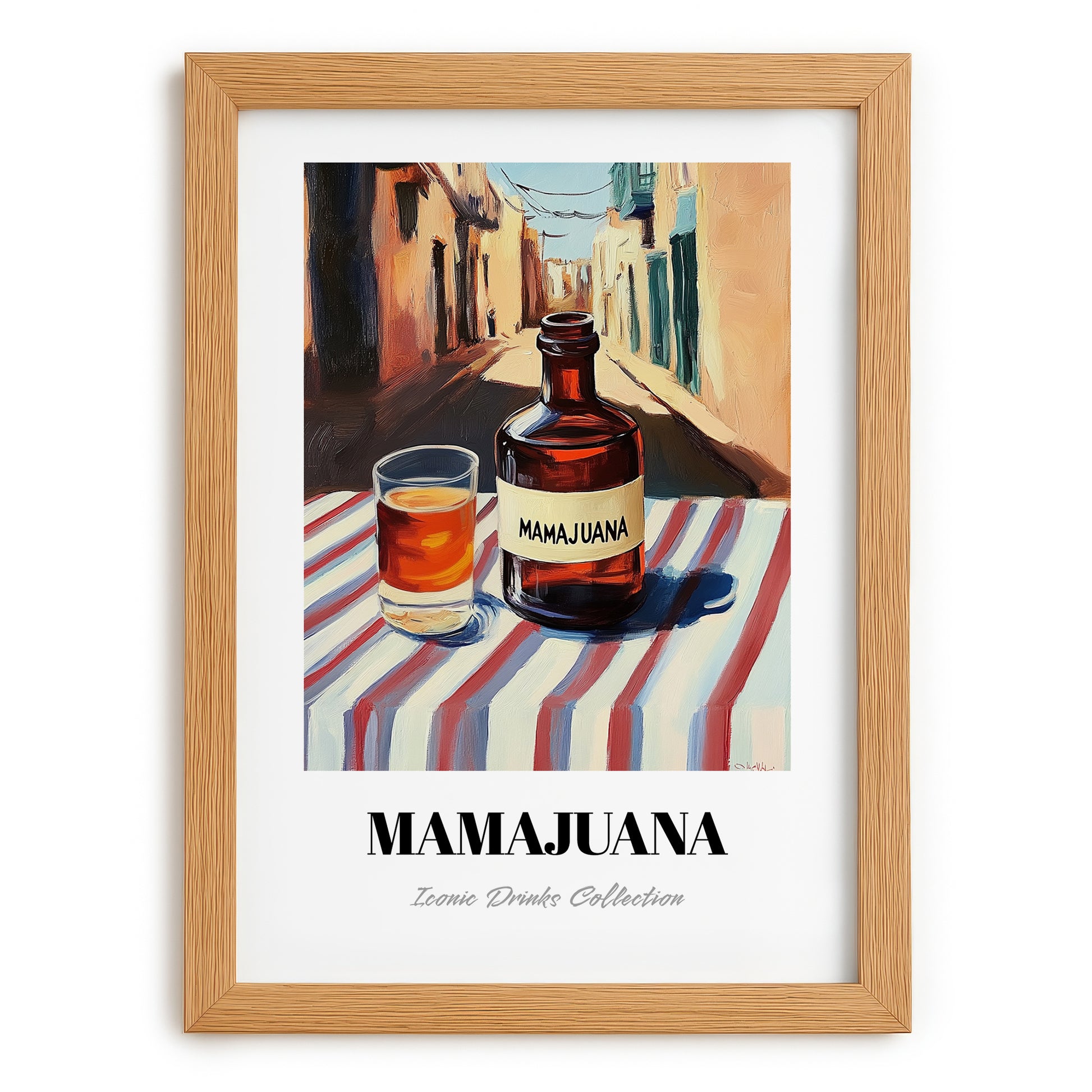 Mamajuana – Dominican Outdoor Café Scene, Dominican Beverage Still Life, set in oak frame