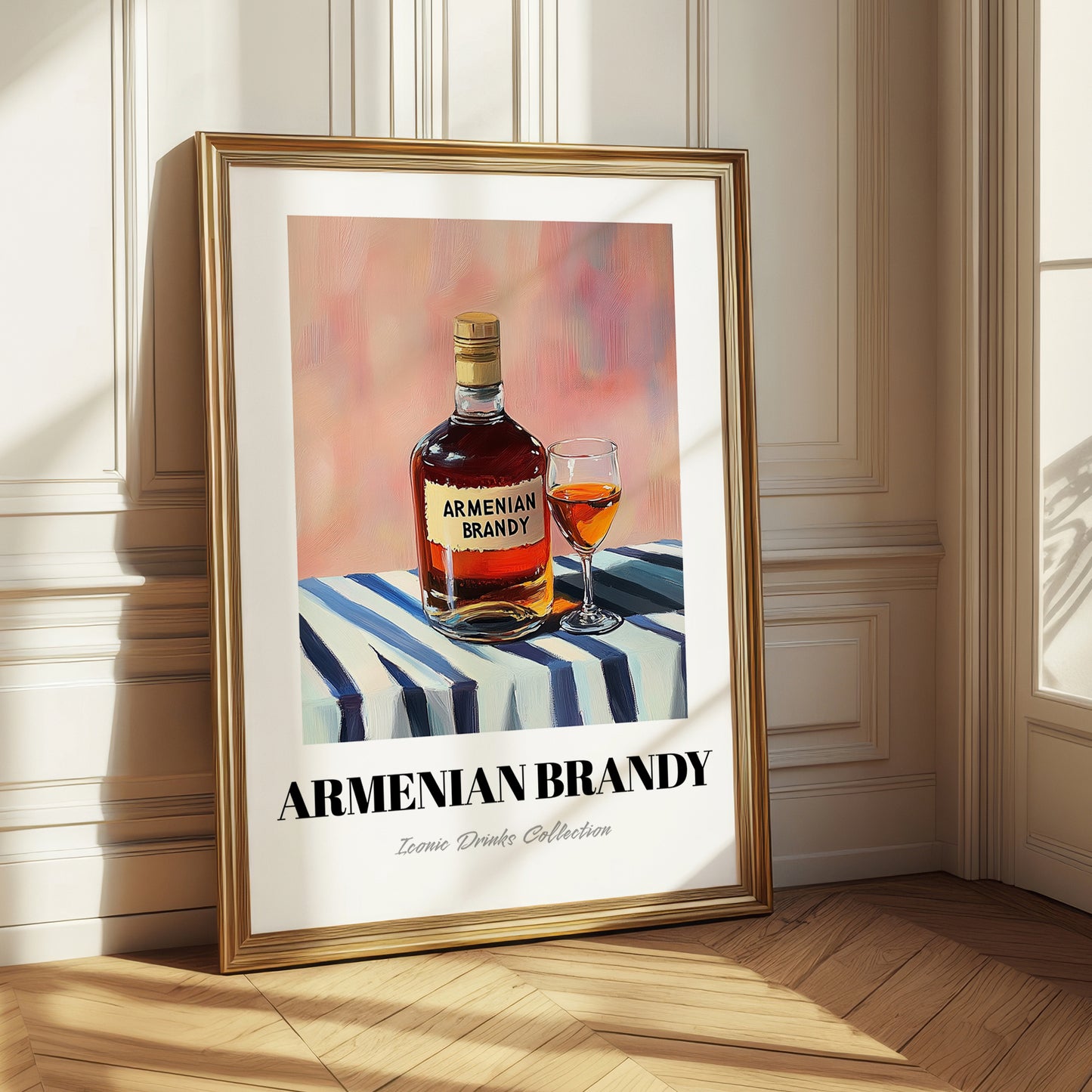 Armenian Brandy – on Striped Tablecloth, Armenian Spirit Wall Decor