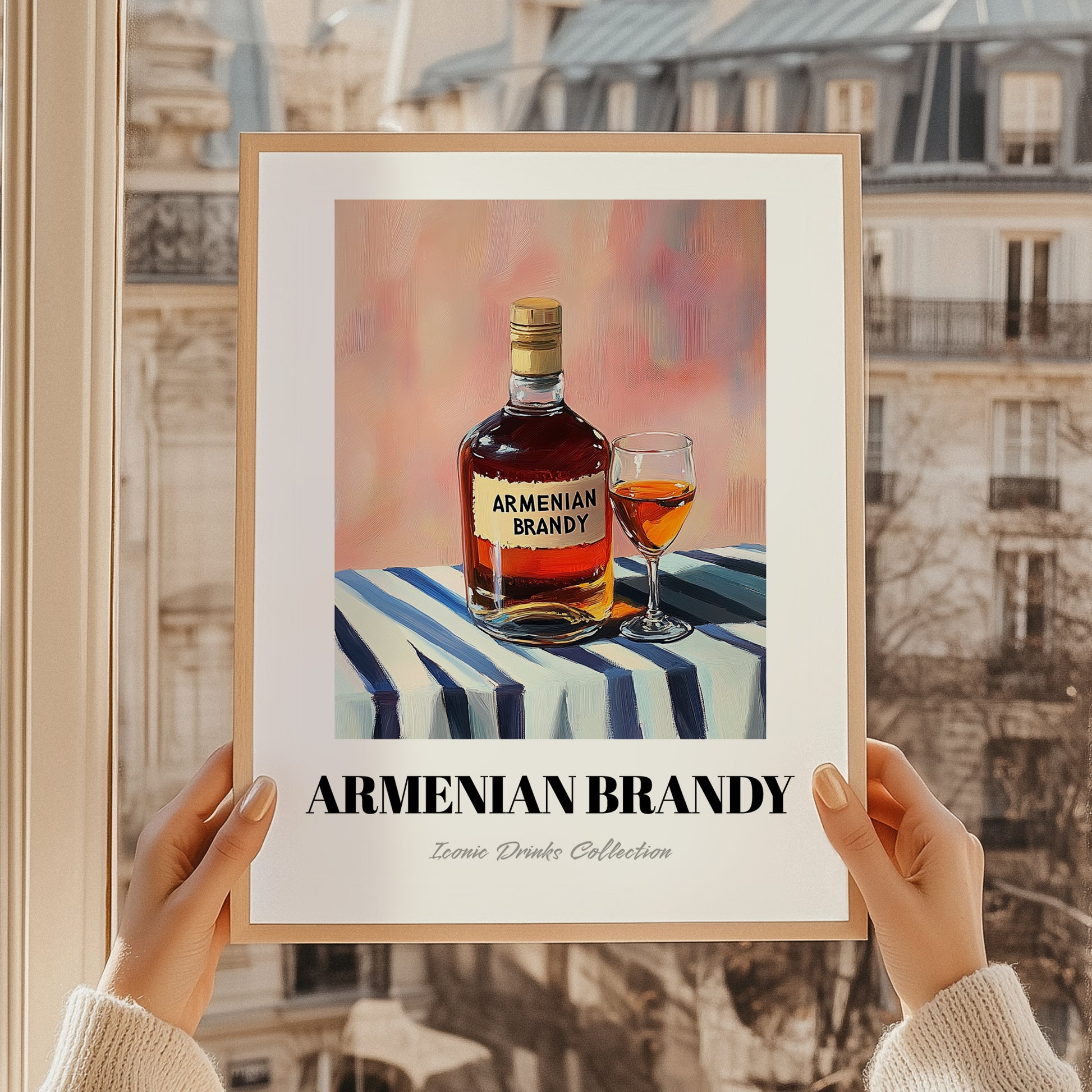 Armenian Brandy – on Striped Tablecloth, Armenian Spirit Wall Decor, styled in a charming Paris street view