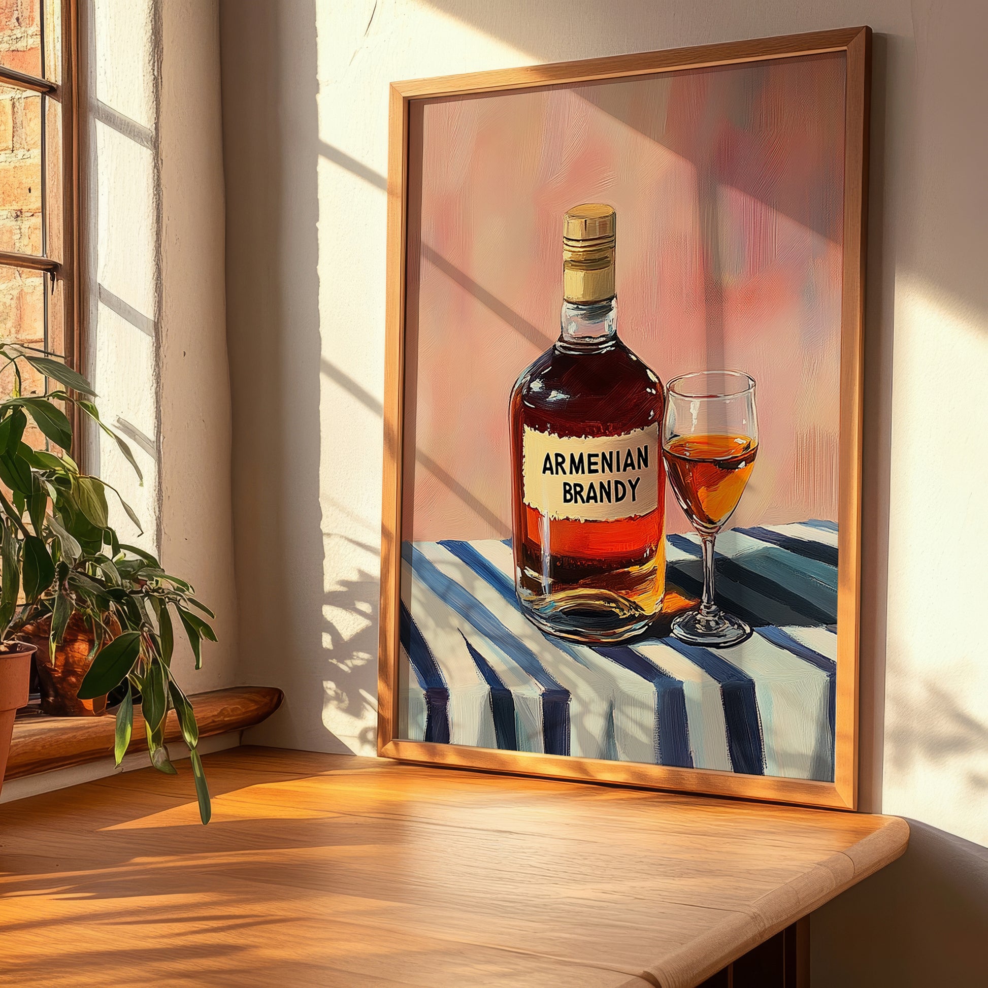Armenian Brandy – on Striped Tablecloth, Armenian Spirit Wall Decor, clean layout with no caption